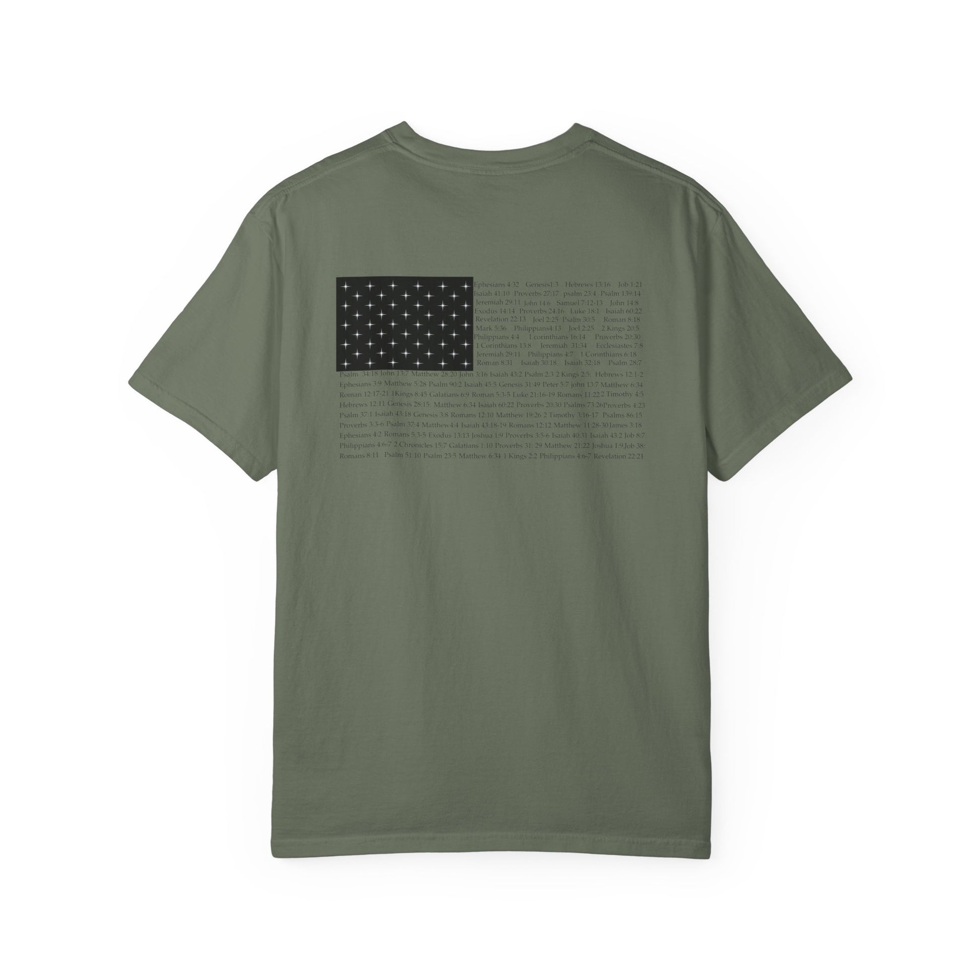 Back view of a moss Christian apparel shirt with Bible verse for encouragement — faith-based American flag tee for Greek Orthodox, Roman Catholic, or Protestant wear.