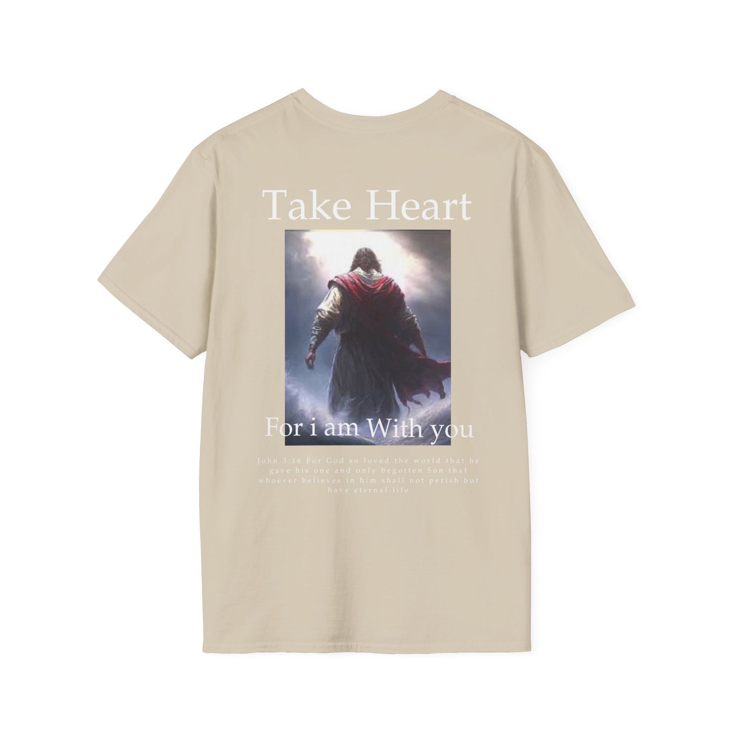 Back view of a sand Bible verse shirt clothing featuring John 3:16 — faith-based design for men’s Christian apparel and Catholic clothing styles.