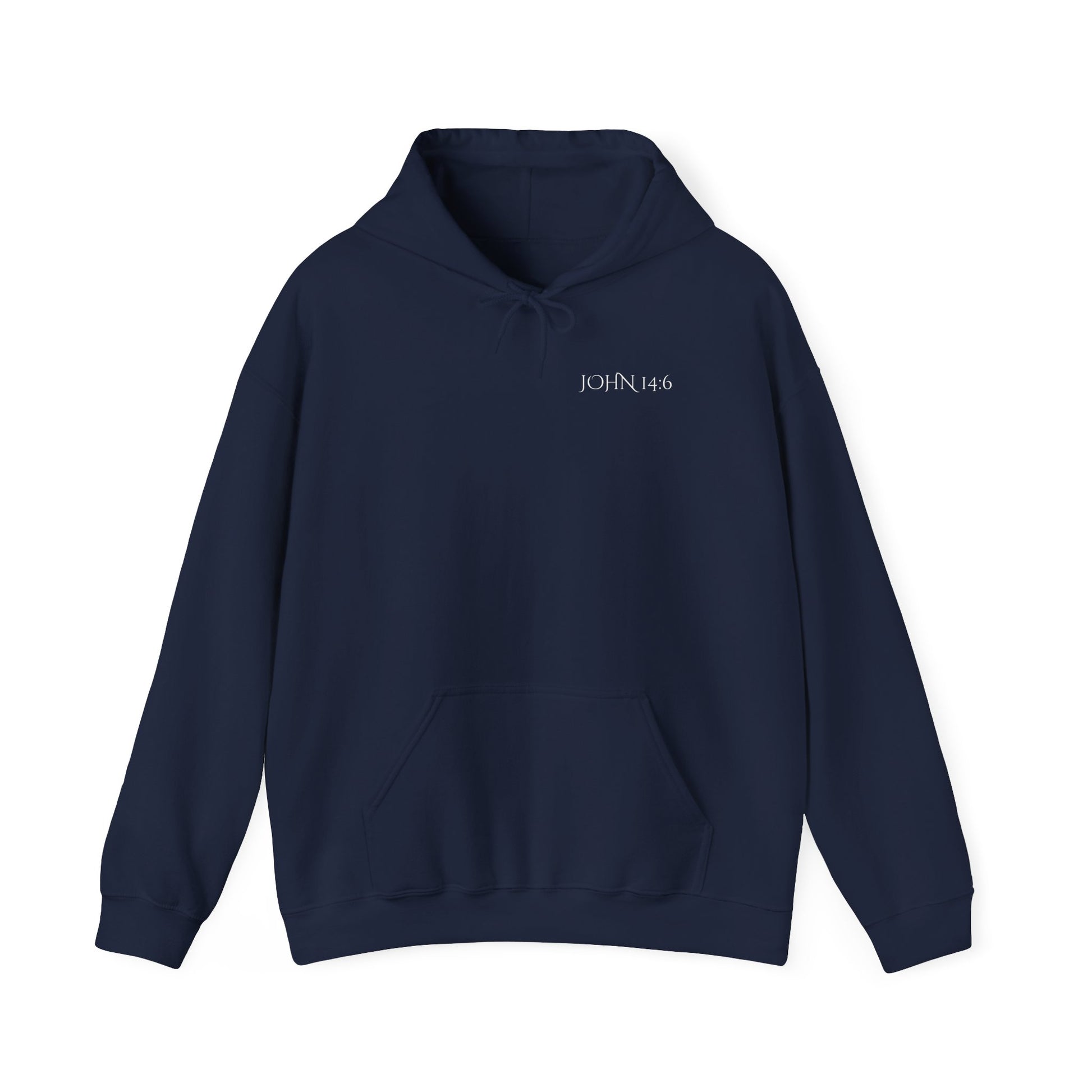 Front of a Christian hoodie featuring "John 14:6 I am the way, the truth, and the life" printed design, faith-based streetwear for men and women, bold minimalist scripture hoodie from Let There Be Light Apparel