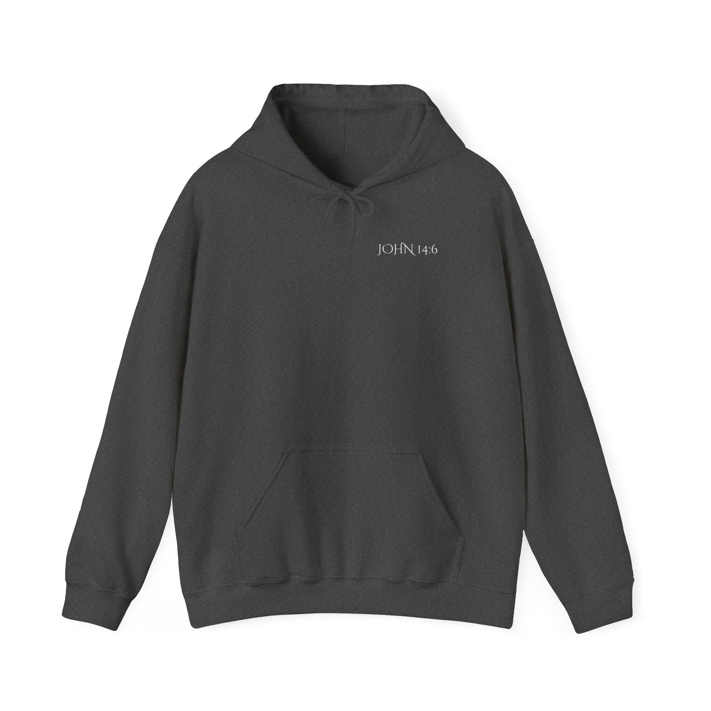 Front of a gray Christian hoodie featuring "John 14:6 I am the way, the truth, and the life" printed design, faith-based streetwear for men and women, bold minimalist scripture hoodie from Let There Be Light Apparel