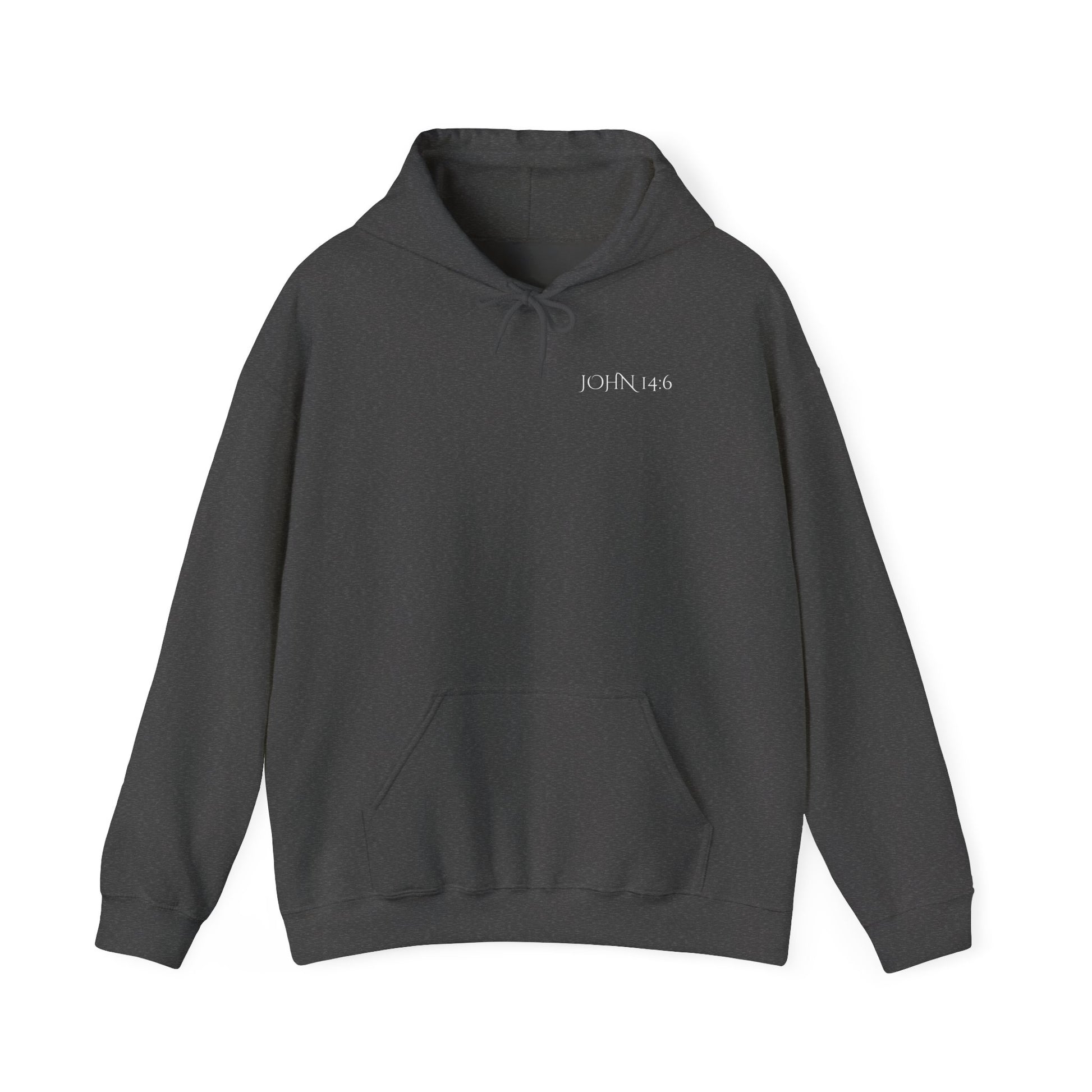 Front of a gray Christian hoodie featuring "John 14:6 I am the way, the truth, and the life" printed design, faith-based streetwear for men and women, bold minimalist scripture hoodie from Let There Be Light Apparel