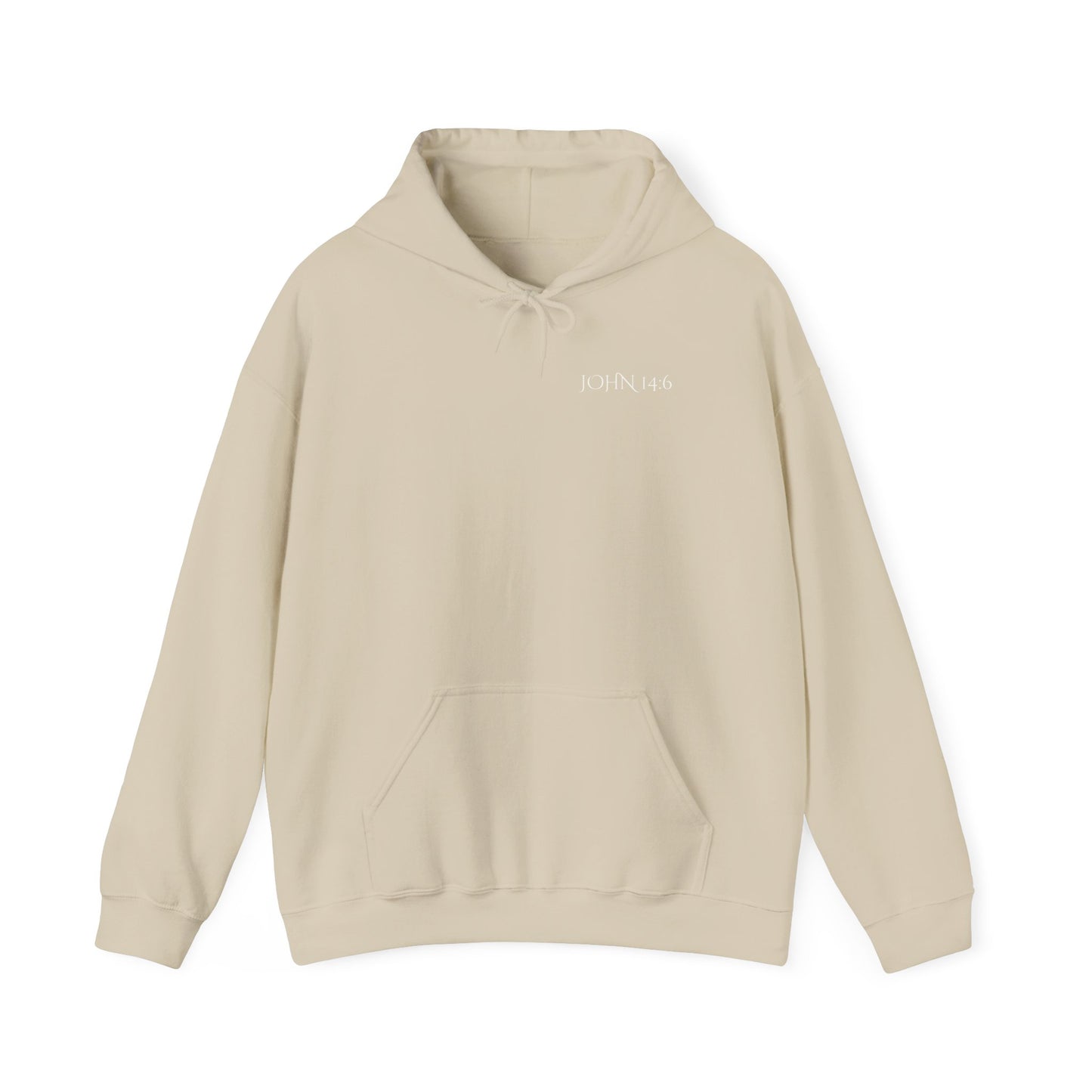Front of a Sand Christian hoodie featuring "John 14:6 I am the way, the truth, and the life" printed design, faith-based streetwear for men and women, bold minimalist scripture hoodie from Let There Be Light Apparel