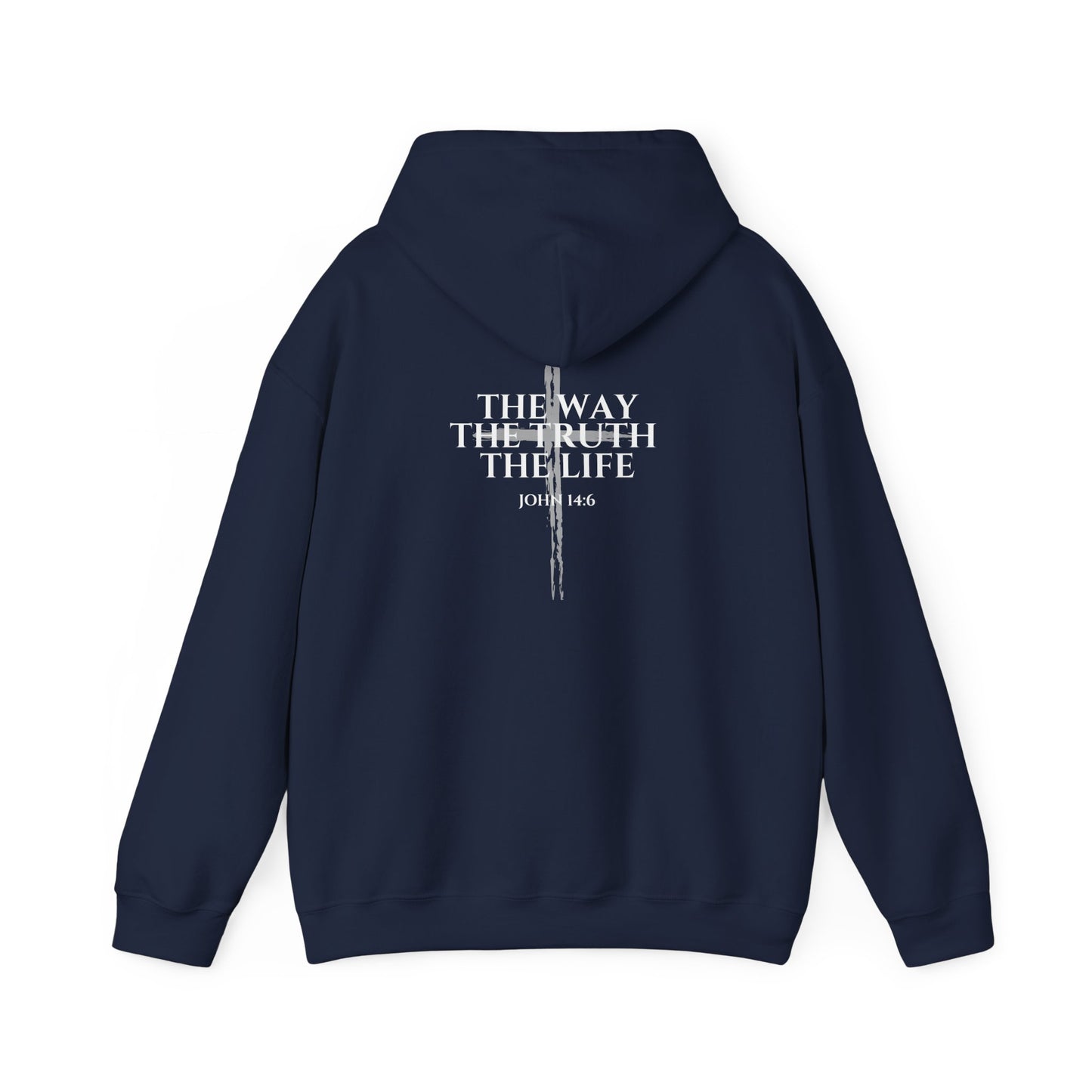 Navy Christian hoodie featuring "John 14:6 I am the way, the truth, and the life" printed design, faith-based streetwear for men and women, bold minimalist scripture hoodie from Let There Be Light Apparel