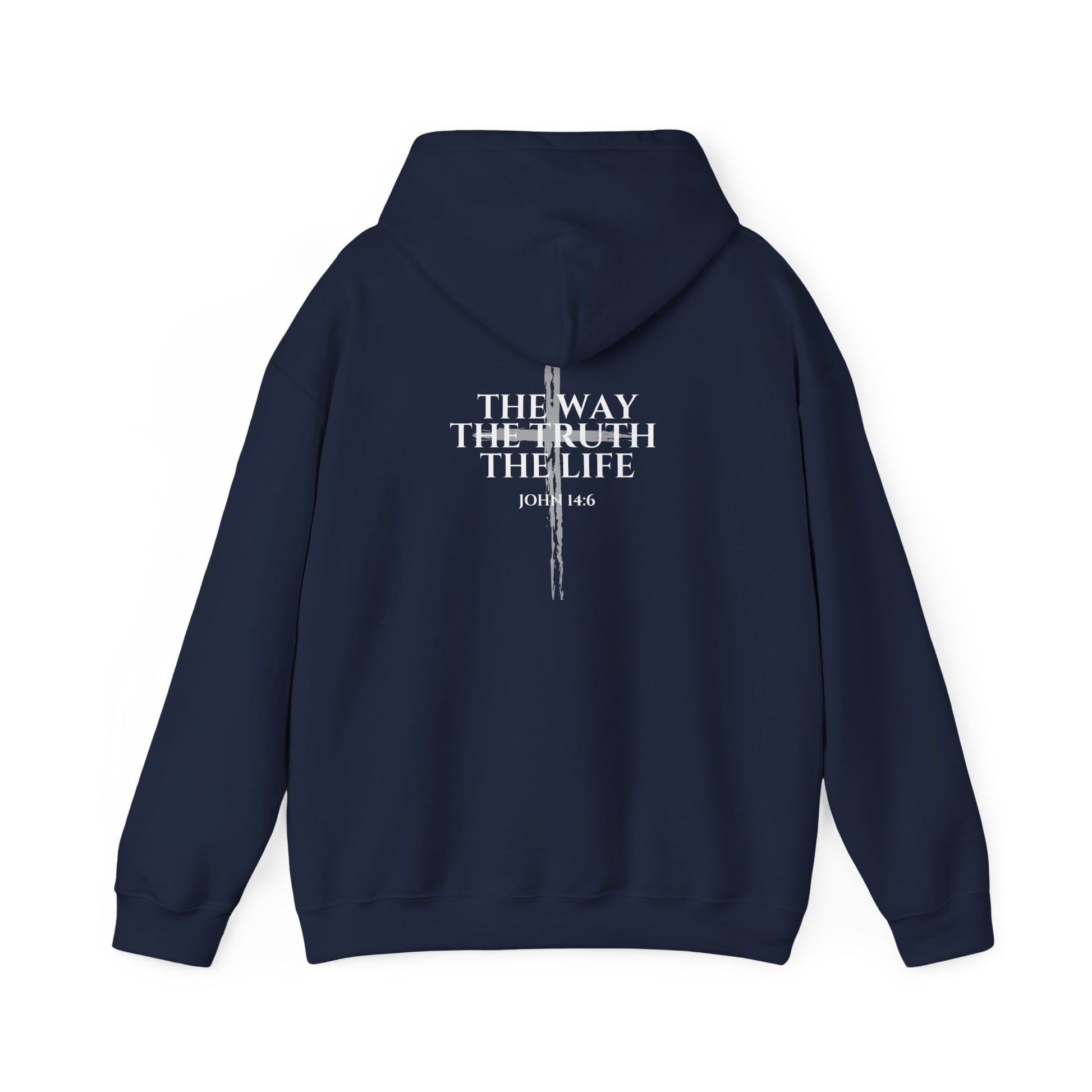 Navy Christian hoodie featuring "John 14:6 I am the way, the truth, and the life" printed design, faith-based streetwear for men and women, bold minimalist scripture hoodie from Let There Be Light Apparel