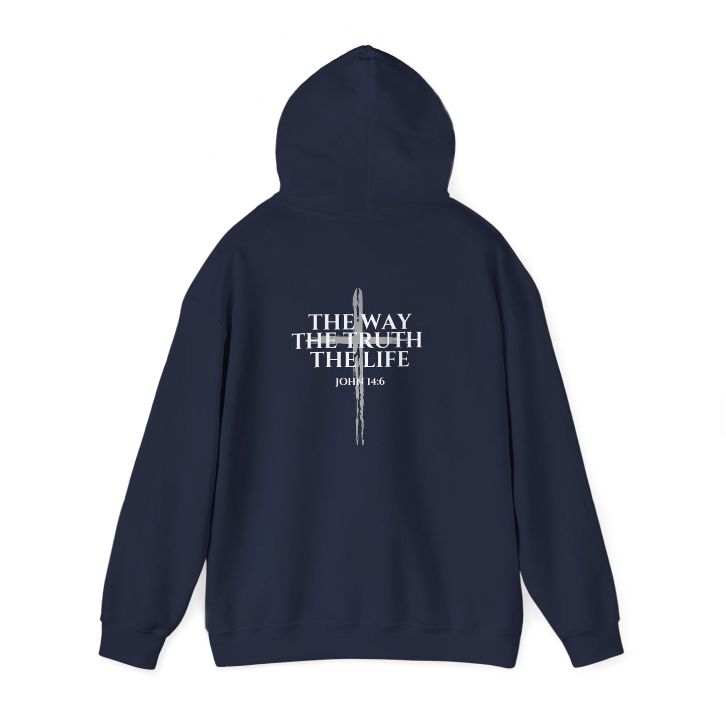Navy Christian hoodie with the hood up featuring "John 14:6 I am the way, the truth, and the life" printed design, faith-based streetwear for men and women, bold minimalist scripture hoodie from Let There Be Light Apparel