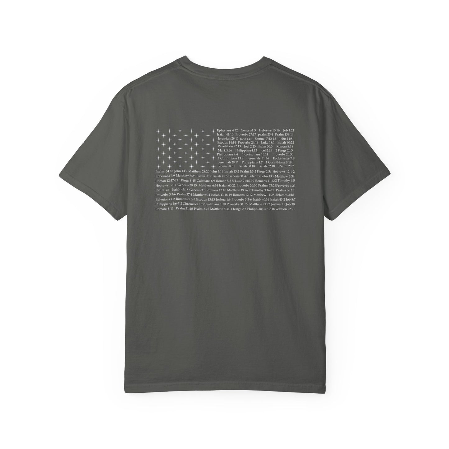 Back of a pepper Christian apparel with Bible verse for encouragement — faith-based American flag tee for Greek Orthodox, Roman Catholic, or Protestant wear.