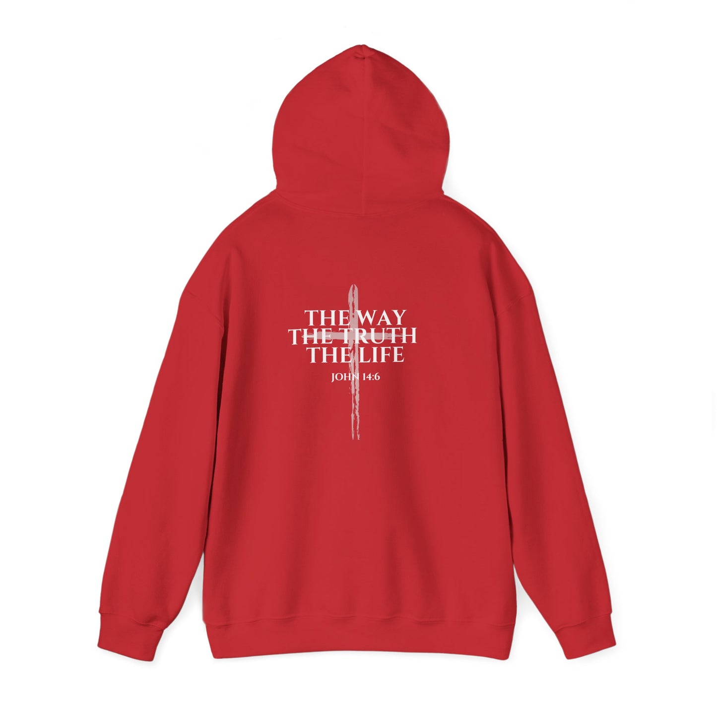 Red Christian hoodie with the hood up featuring "John 14:6 I am the way, the truth, and the life" printed design, faith-based streetwear for men and women, bold minimalist scripture hoodie from Let There Be Light Apparel