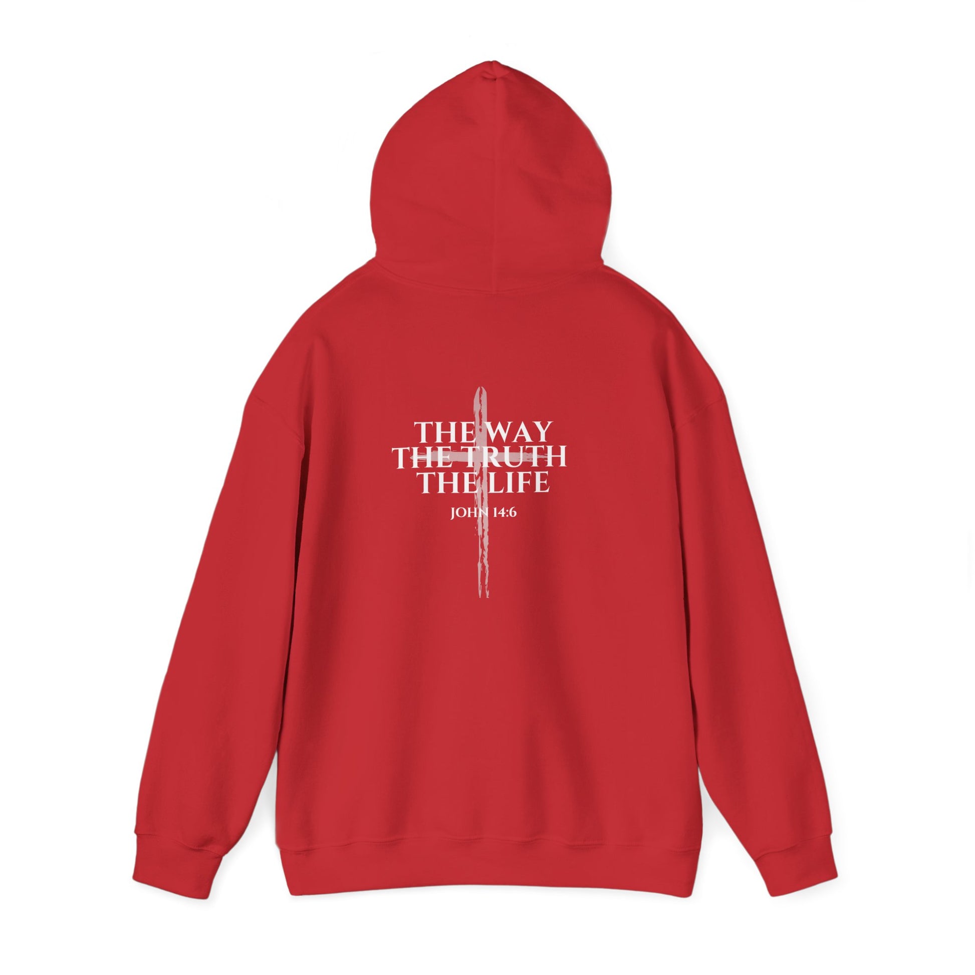 Red Christian hoodie with the hood up featuring "John 14:6 I am the way, the truth, and the life" printed design, faith-based streetwear for men and women, bold minimalist scripture hoodie from Let There Be Light Apparel