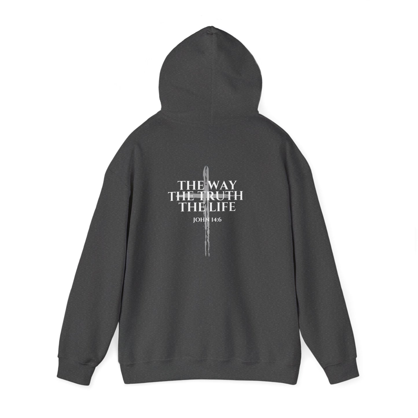 Sport gray Christian hoodie Hood up featuring "John 14:6 I am the way, the truth, and the life" printed design, faith-based streetwear for men and women, bold minimalist scripture hoodie from Let There Be Light Apparel