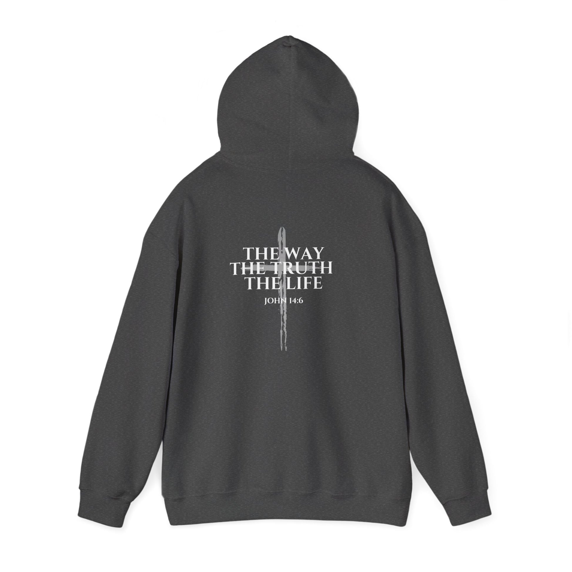 Sport gray Christian hoodie Hood up featuring "John 14:6 I am the way, the truth, and the life" printed design, faith-based streetwear for men and women, bold minimalist scripture hoodie from Let There Be Light Apparel