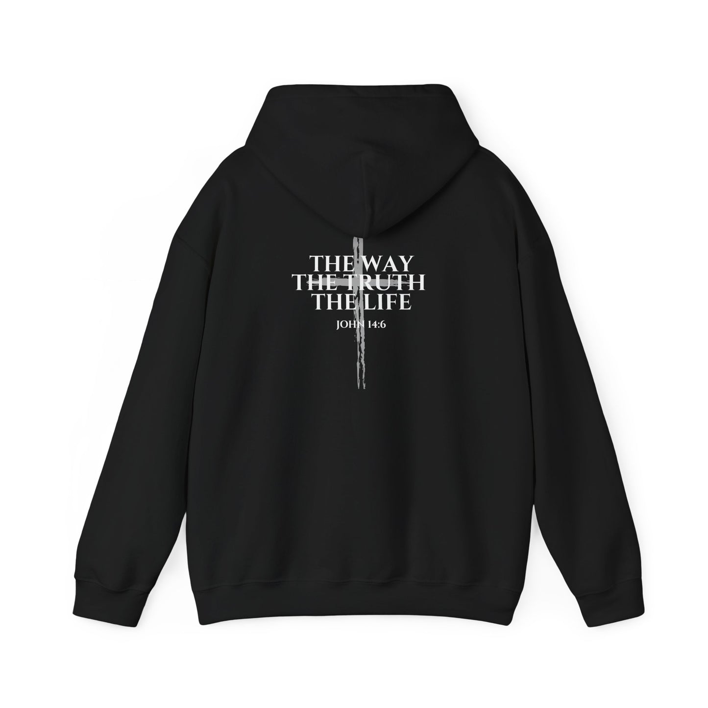 Black Christian hoodie featuring "John 14:6 I am the way, the truth, and the life" printed design, faith-based streetwear for men and women, bold minimalist scripture hoodie from Let There Be Light Apparel