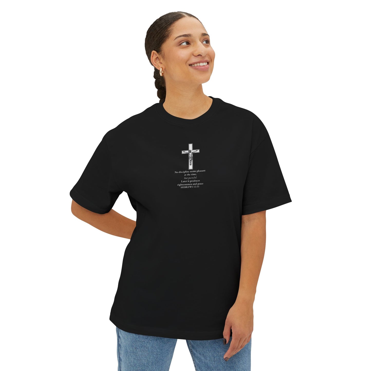 Women wearing a black Hebrews 12:11 Christian t-shirt with bold scripture design — modern Catholic clothing and Orthodox clothing for men and women seeking spiritual growth and encouragement.