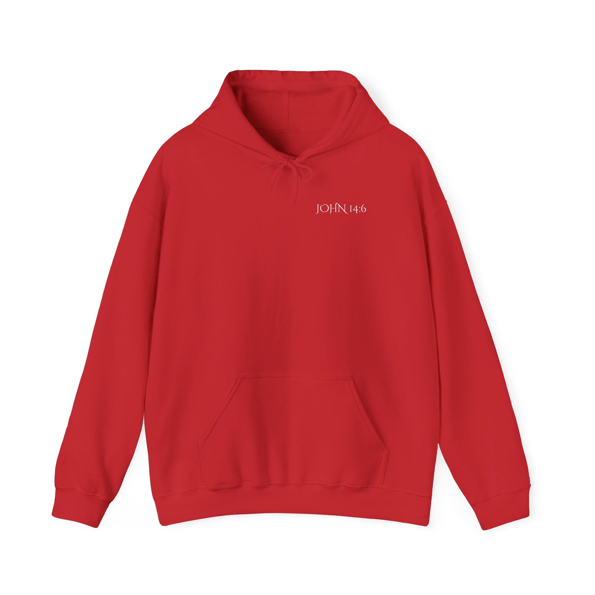 Front of a Red Christian hoodie featuring "John 14:6 I am the way, the truth, and the life" printed design, faith-based streetwear for men and women, bold minimalist scripture hoodie from Let There Be Light Apparel