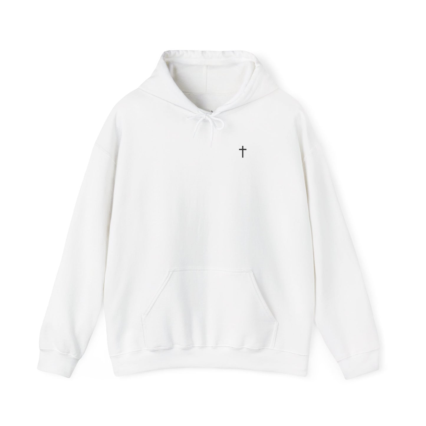 Front view of a white Fruit of the Holy Spirit hoodie with Galatians 5:22-23 Bible verse, Christian faith-based design promoting love, joy, peace, and kindness