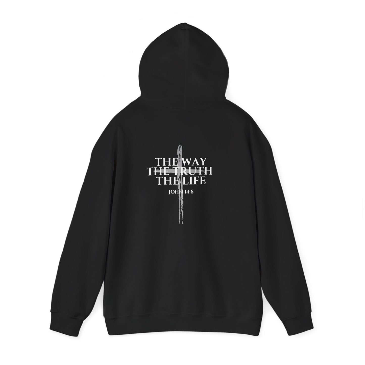 Black Christian hoodie with hood up featuring "John 14:6 I am the way, the truth, and the life" printed design, faith-based streetwear for men and women, bold minimalist scripture hoodie from Let There Be Light Apparel