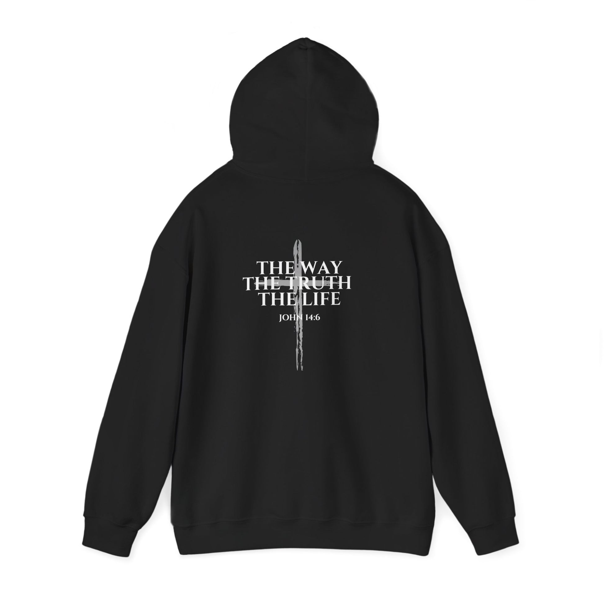 Black Christian hoodie with hood up featuring "John 14:6 I am the way, the truth, and the life" printed design, faith-based streetwear for men and women, bold minimalist scripture hoodie from Let There Be Light Apparel