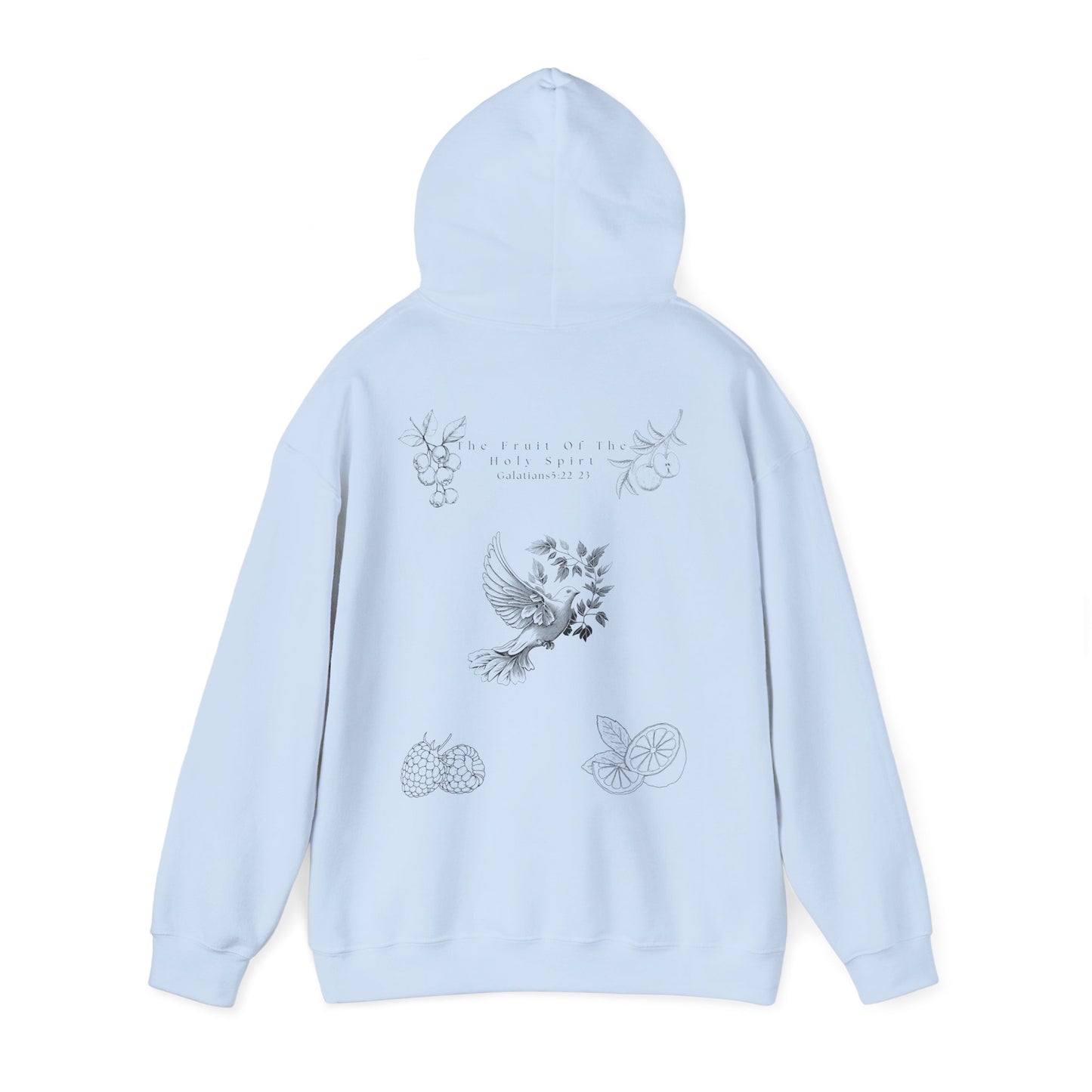 Back view of a Fruit of the Holy Spirit hoodie with the hood up with Galatians 5:22-23 Bible verse, Christian faith-based design promoting love, joy, peace, and kindness