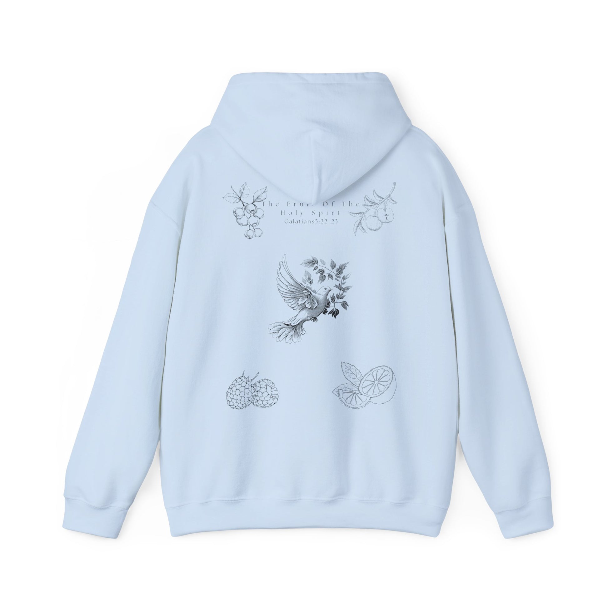 Back view of a light blue Fruit of the Holy Spirit hoodie with Galatians 5:22-23 Bible verse, Christian faith-based design promoting love, joy, peace, and kindness