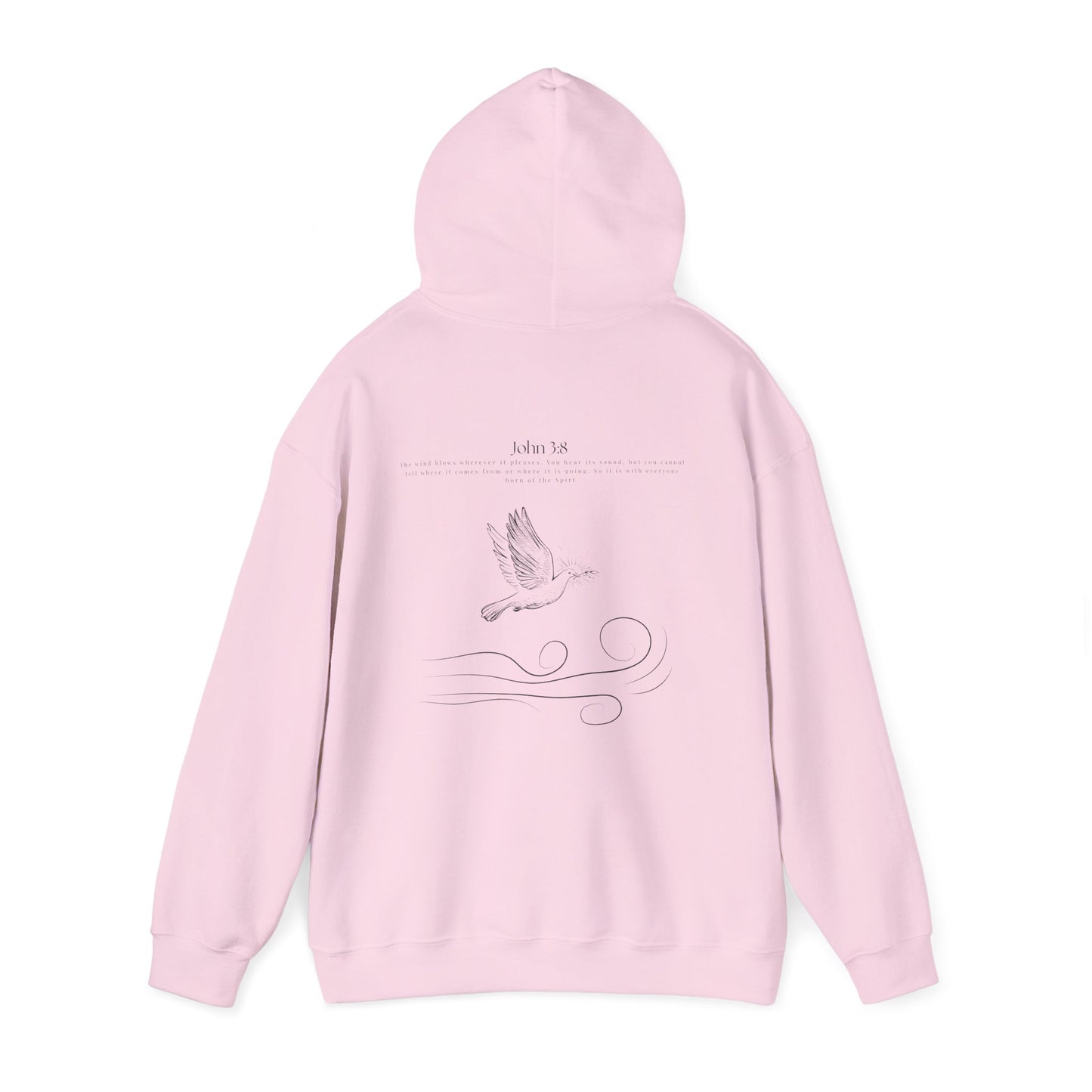 Light pink Christian hoodie with the hood up with John 3:8 Bible verse and dove design symbolizing the Holy Spirit, faith-based Scripture apparel for men and women