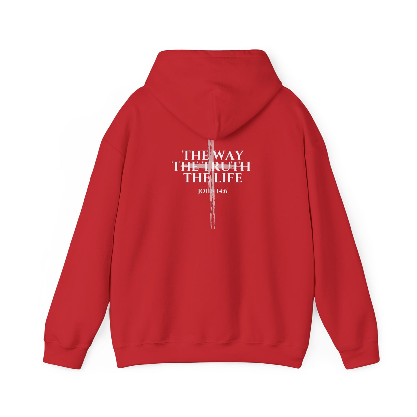 Red Christian hoodie featuring "John 14:6 I am the way, the truth, and the life" printed design, faith-based streetwear for men and women, bold minimalist scripture hoodie from Let There Be Light Apparel