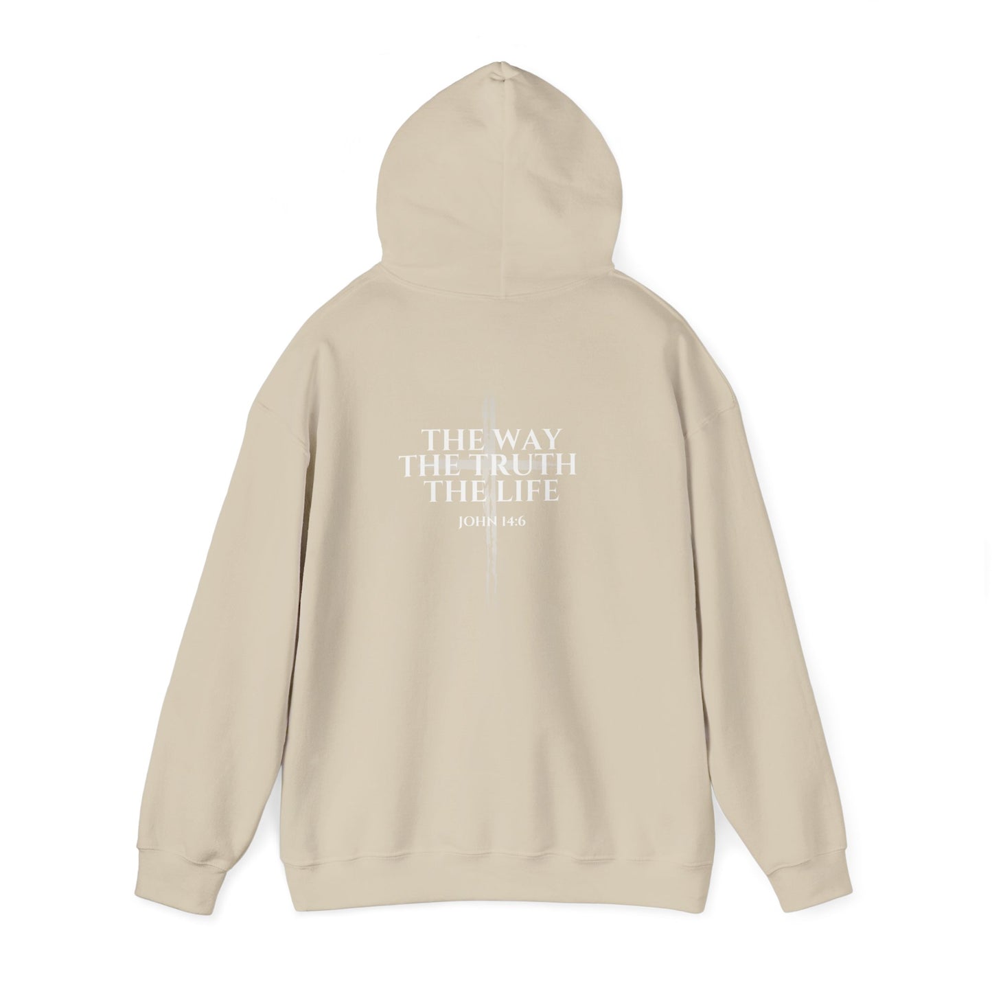 Sand christian hoodie with the hood up featuring "John 14:6 I am the way, the truth, and the life" printed design, faith-based streetwear for men and women, bold minimalist scripture hoodie from Let There Be Light Apparel