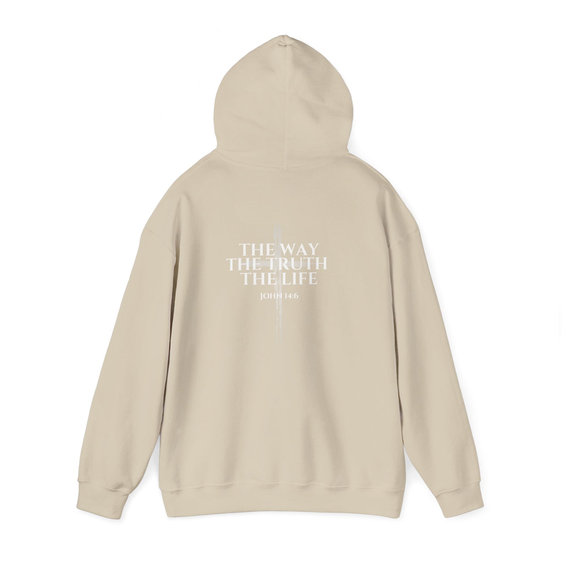 Sand christian hoodie with the hood up featuring "John 14:6 I am the way, the truth, and the life" printed design, faith-based streetwear for men and women, bold minimalist scripture hoodie from Let There Be Light Apparel
