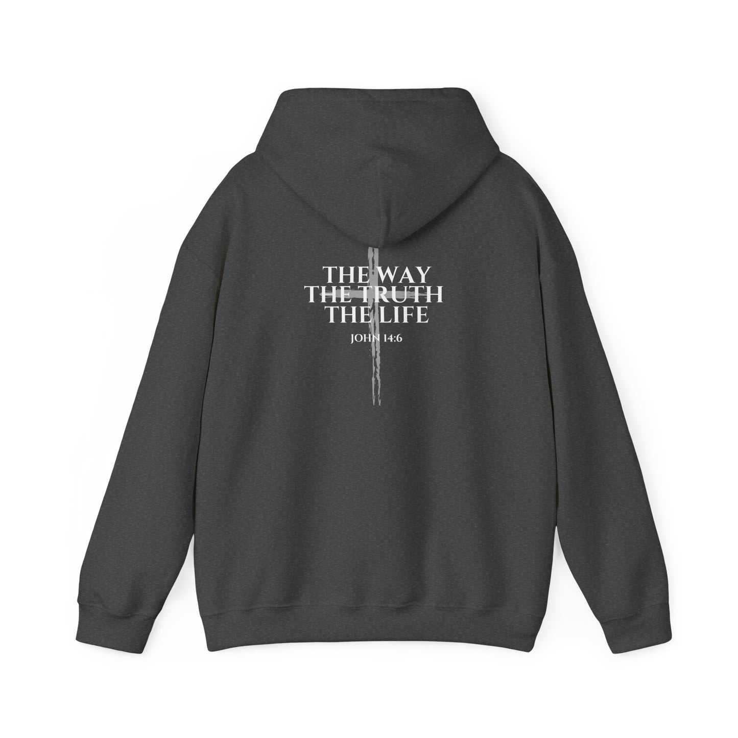 sport Gray Christian hoodie featuring "John 14:6 i am the way, the truth, and the life" printed design, faith-based streetwear for men and women, bold minimalist scripture hoodie from Let There Be Light Apparel