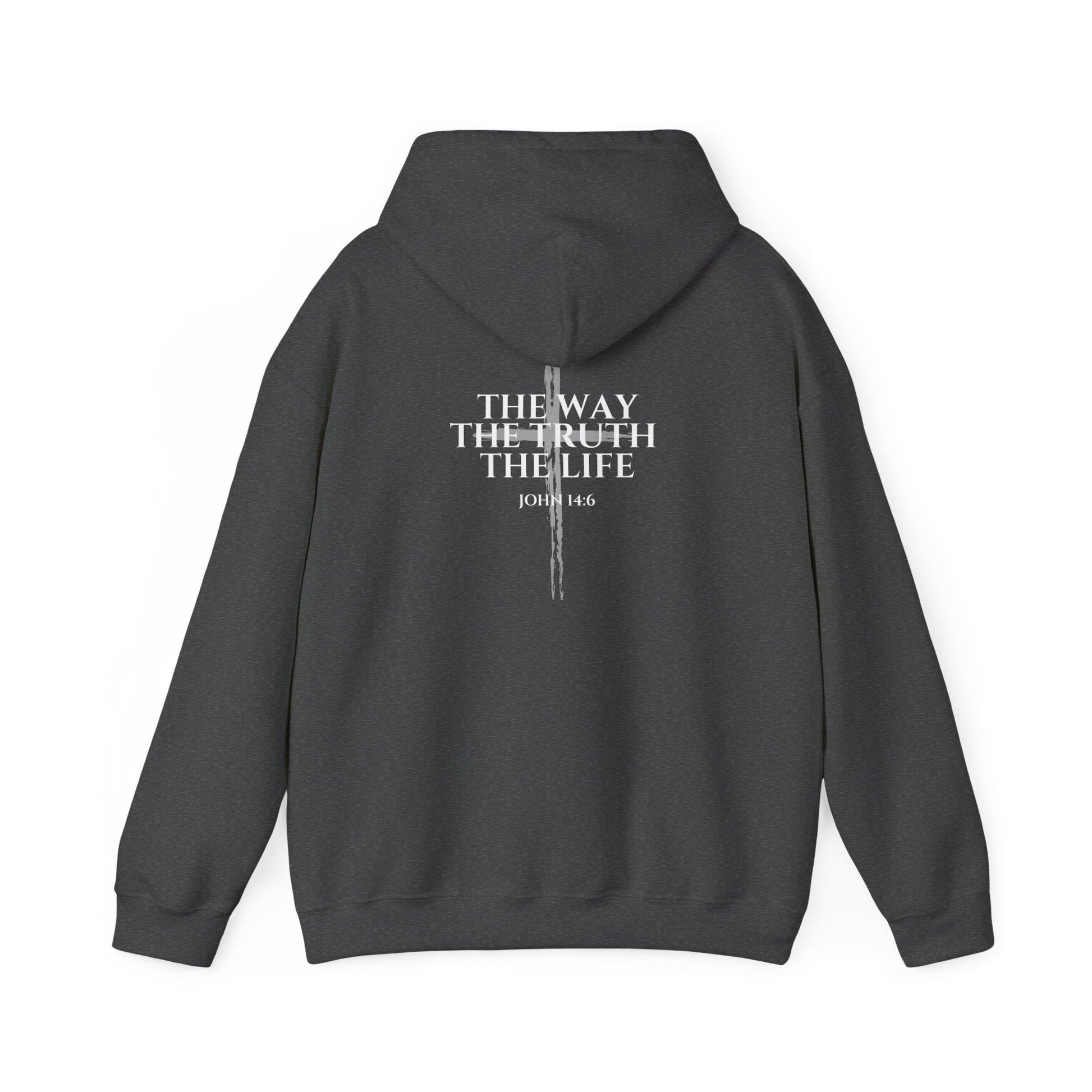 sport Gray Christian hoodie featuring "John 14:6 i am the way, the truth, and the life" printed design, faith-based streetwear for men and women, bold minimalist scripture hoodie from Let There Be Light Apparel
