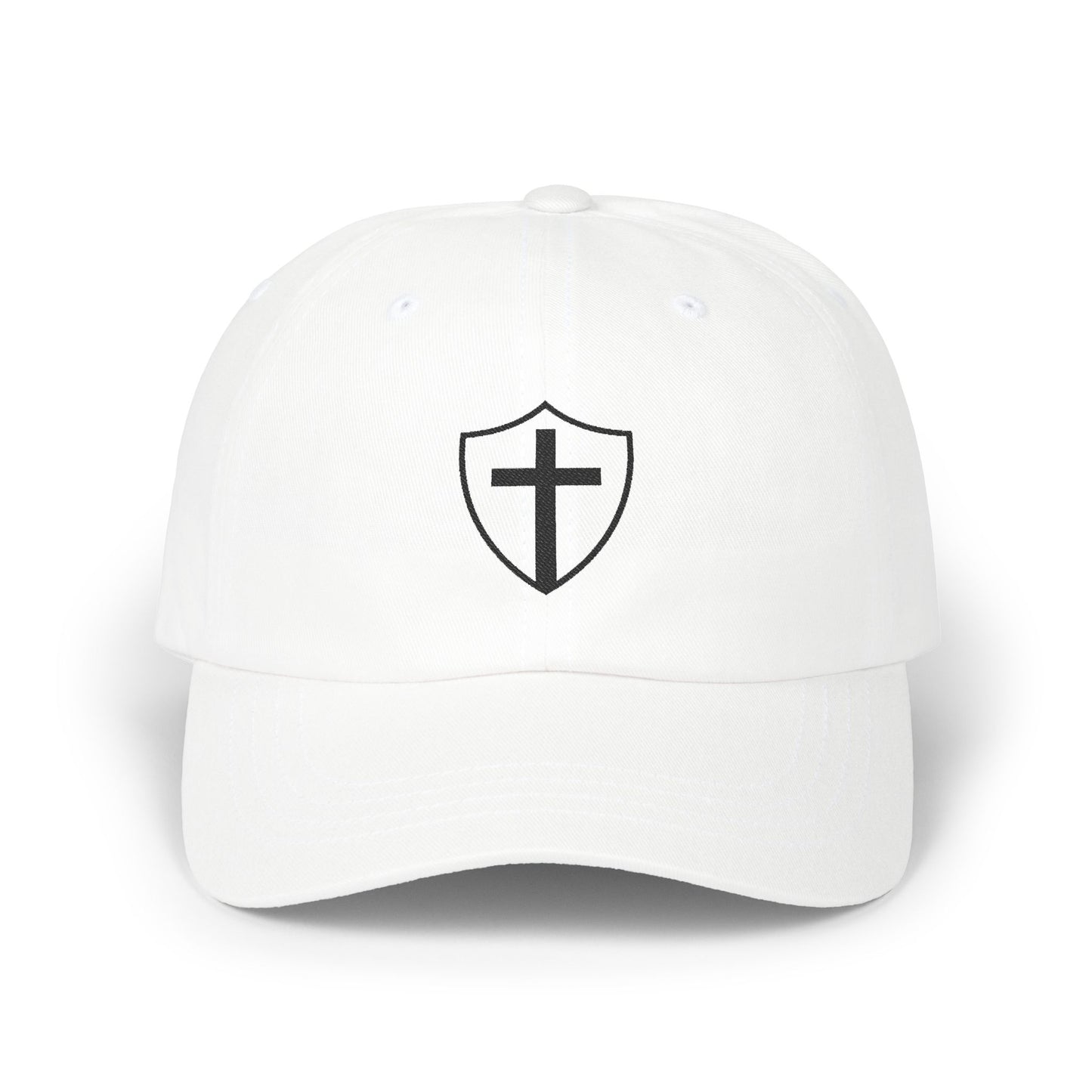 White Shield of God Christian dad cap with embroidered cross design – modern faith-based hat for men and women, Christian apparel and Catholic clothing accessory.