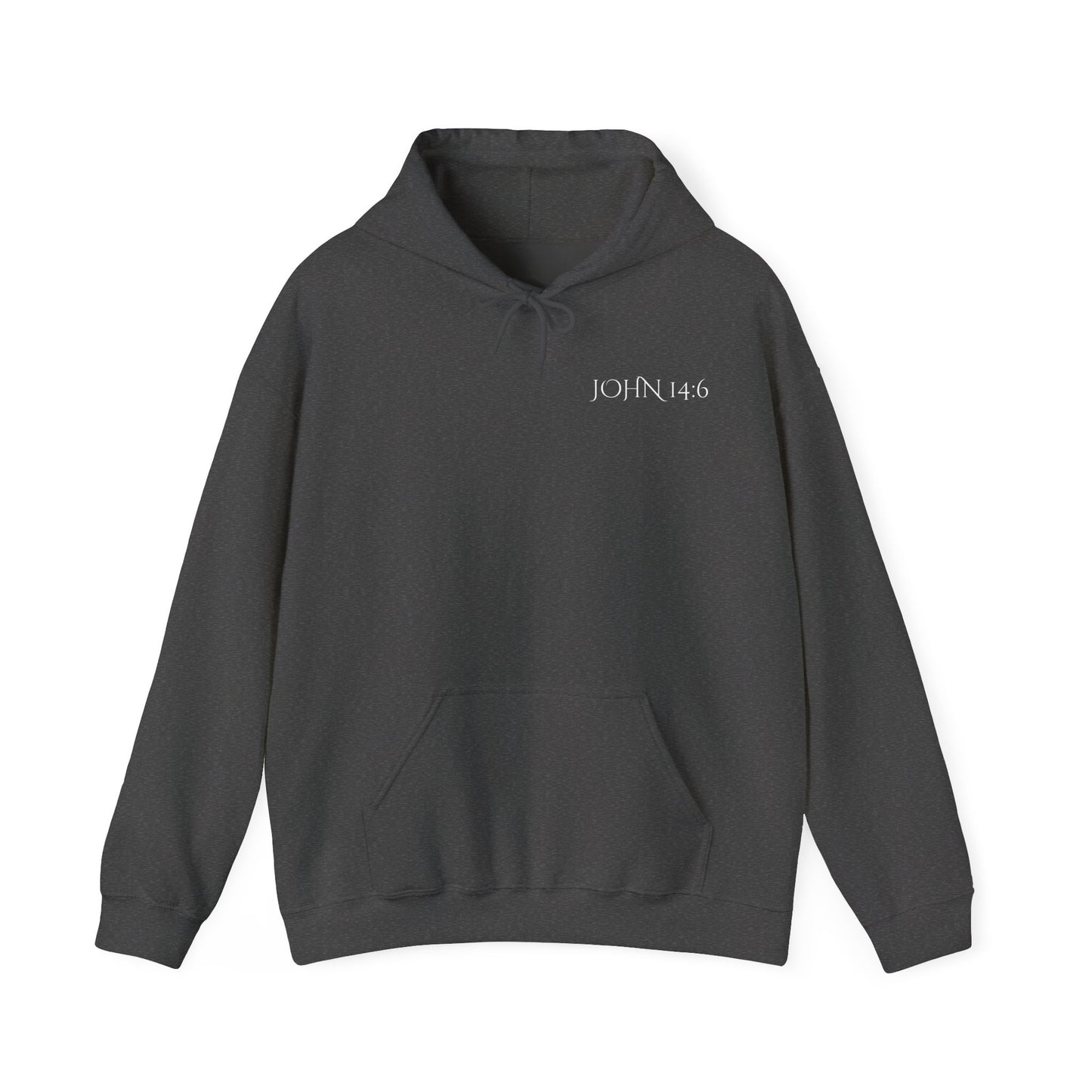 front of a Dark Heather Christian hoodie featuring “John 14:6 – I am the way, the truth, and the life” printed design, faith-based streetwear for men and women, bold minimalist scripture hoodie from Let There Be Light Apparel.
