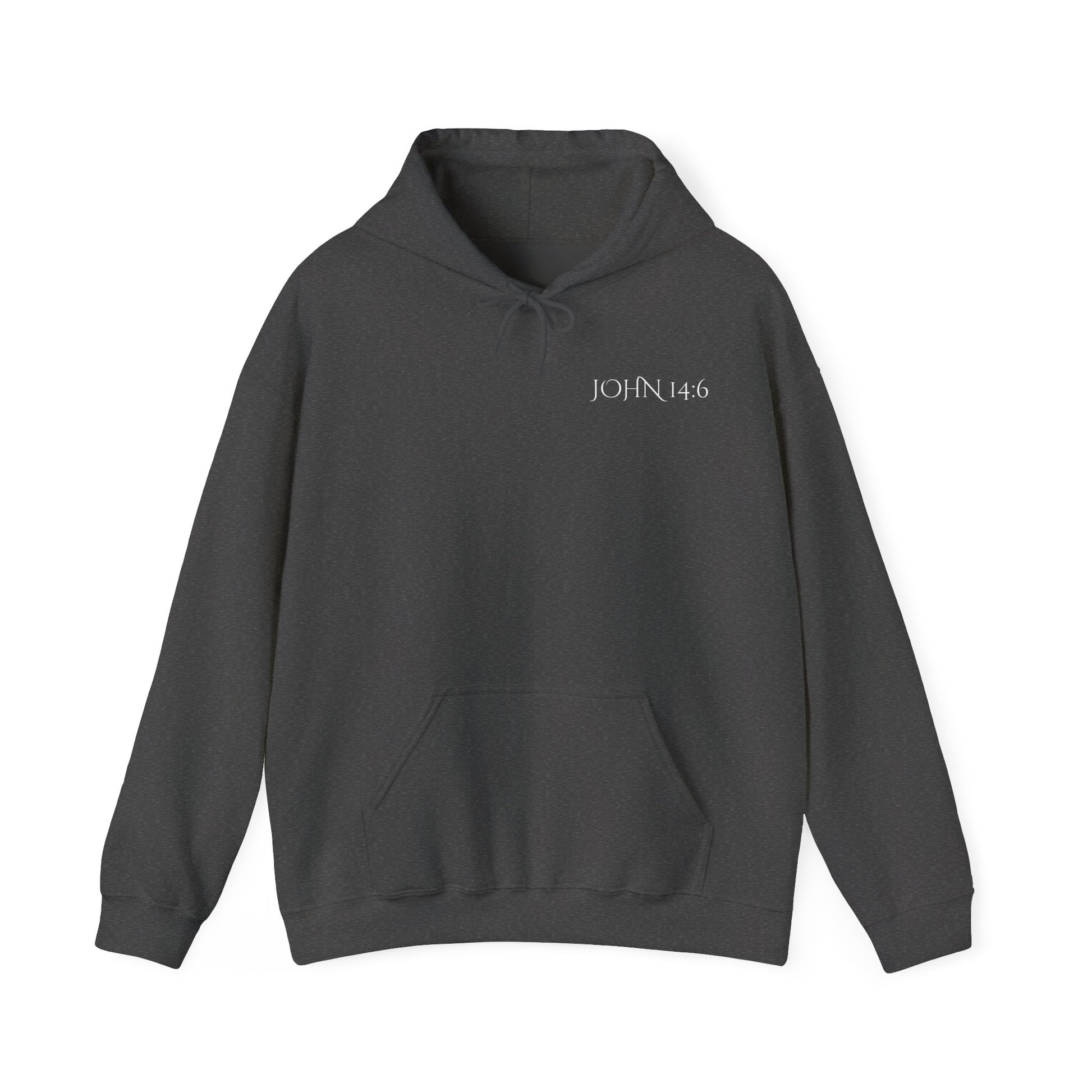 front of a Dark Heather Christian hoodie featuring “John 14:6 – I am the way, the truth, and the life” printed design, faith-based streetwear for men and women, bold minimalist scripture hoodie from Let There Be Light Apparel.
