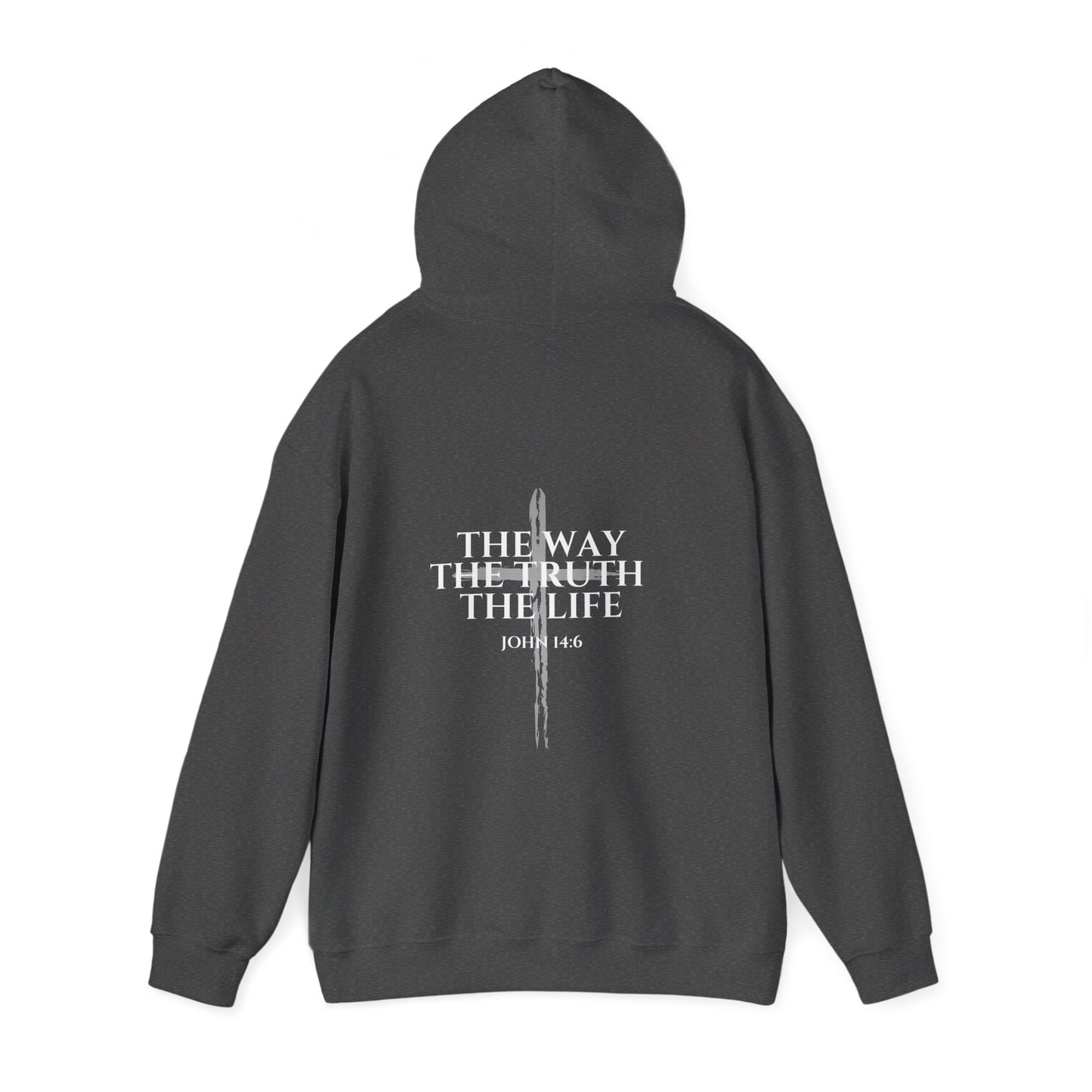 Dark Heather Christian hoodie with the hood up featuring “John 14:6 – I am the way, the truth, and the life” printed design, faith-based streetwear for men and women, bold minimalist scripture hoodie from Let There Be Light Apparel.

