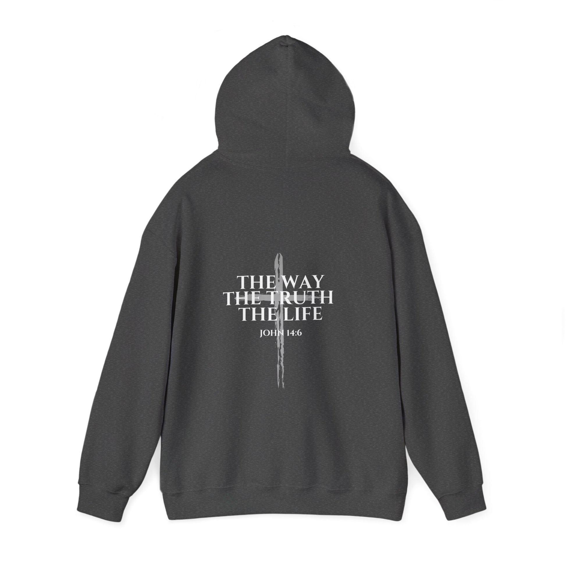 Dark Heather Christian hoodie with the hood up featuring “John 14:6 – I am the way, the truth, and the life” printed design, faith-based streetwear for men and women, bold minimalist scripture hoodie from Let There Be Light Apparel.
