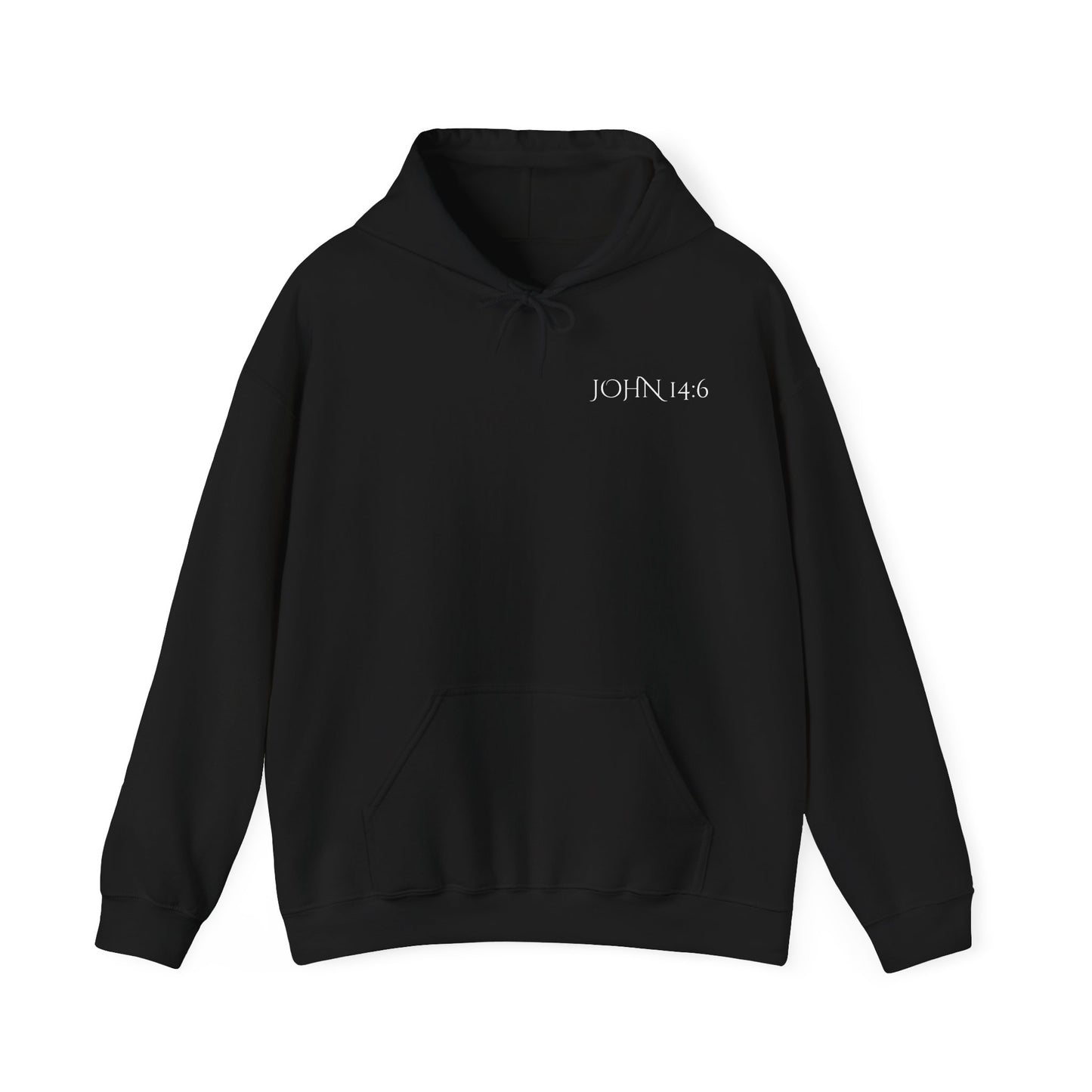 Front of a black Christian hoodie featuring “John 14:6 – I am the way, the truth, and the life” printed design, faith-based streetwear for men and women, bold minimalist scripture hoodie from Let There Be Light Apparel.