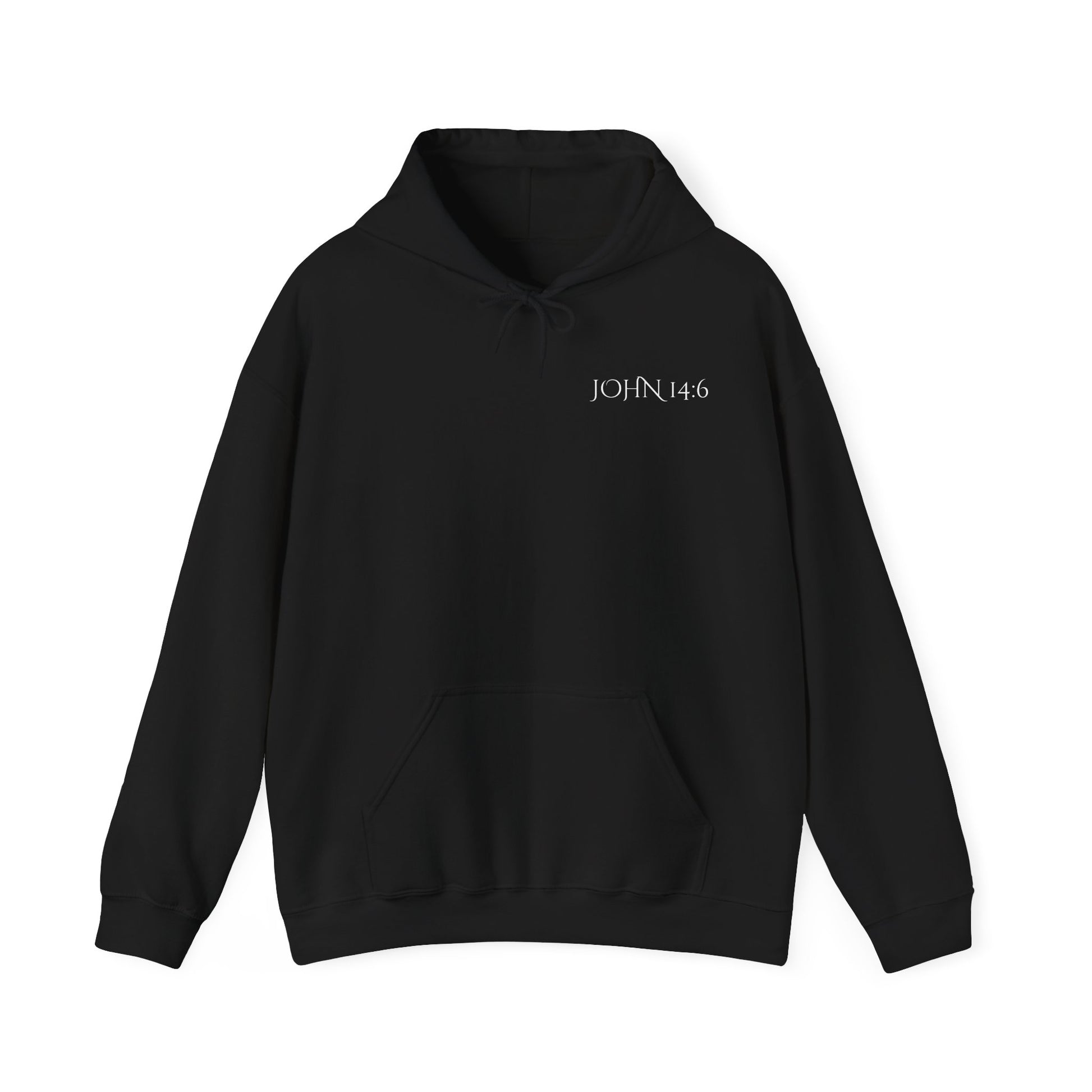 Front of a black Christian hoodie featuring “John 14:6 – I am the way, the truth, and the life” printed design, faith-based streetwear for men and women, bold minimalist scripture hoodie from Let There Be Light Apparel.