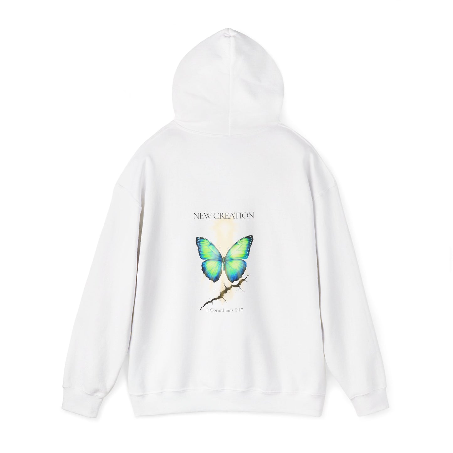 Christian hoodie with the hood up featuring a blue and green butterfly rising above a cracked rock, symbolizing transformation and renewal. The design includes the words 'NEW CREATION' at the top and '2 Corinthians 5:17' at the bottom, representing the Bible verse about becoming a new creation in Christ.
