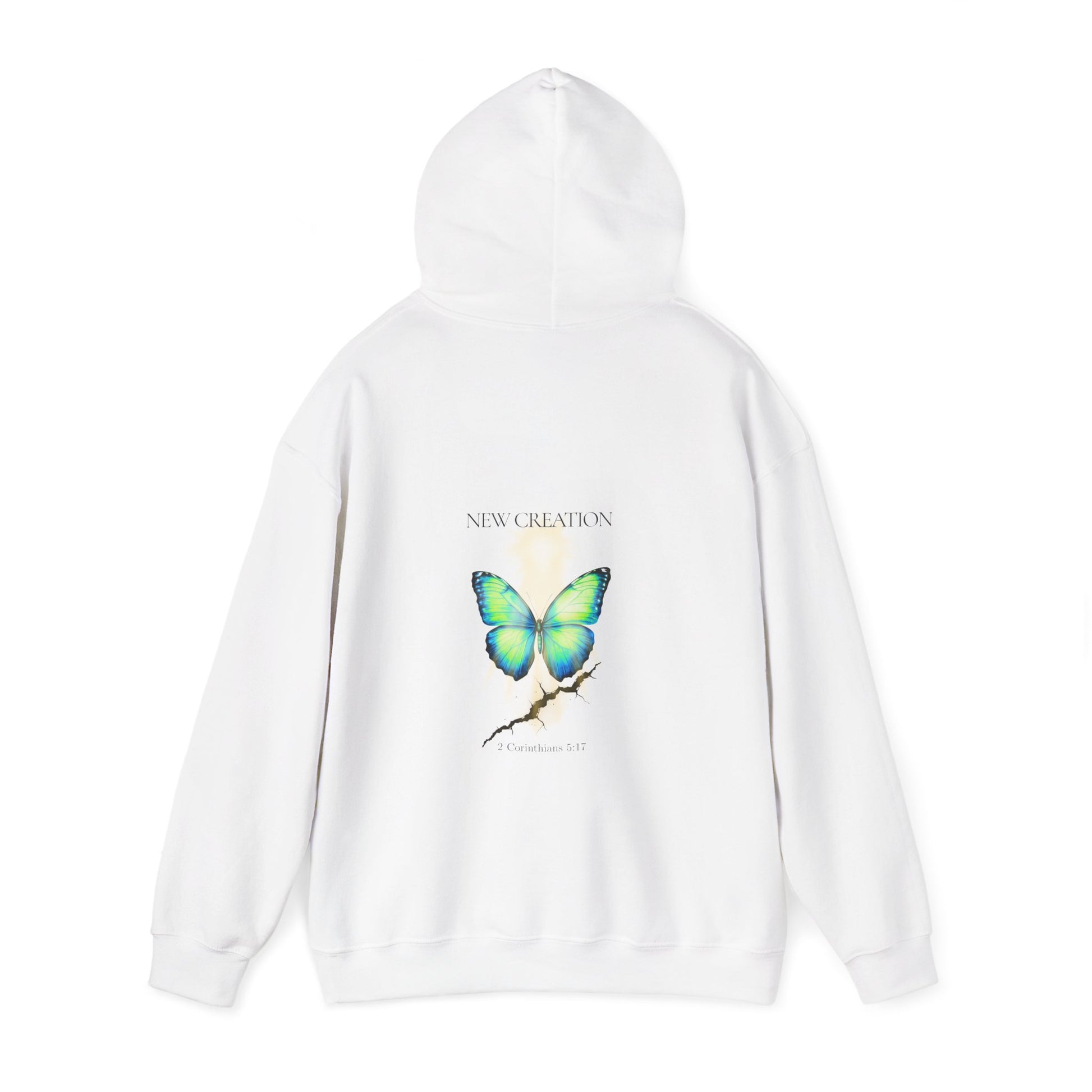 Christian hoodie with the hood up featuring a blue and green butterfly rising above a cracked rock, symbolizing transformation and renewal. The design includes the words 'NEW CREATION' at the top and '2 Corinthians 5:17' at the bottom, representing the Bible verse about becoming a new creation in Christ.