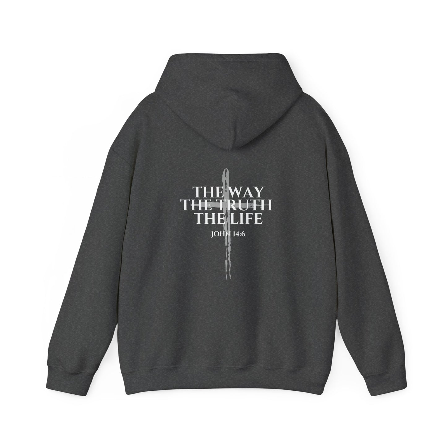 Dark Heather Christian hoodie featuring “John 14:6 – I am the way, the truth, and the life” printed design, faith-based streetwear for men and women, bold minimalist scripture hoodie from Let There Be Light Apparel.