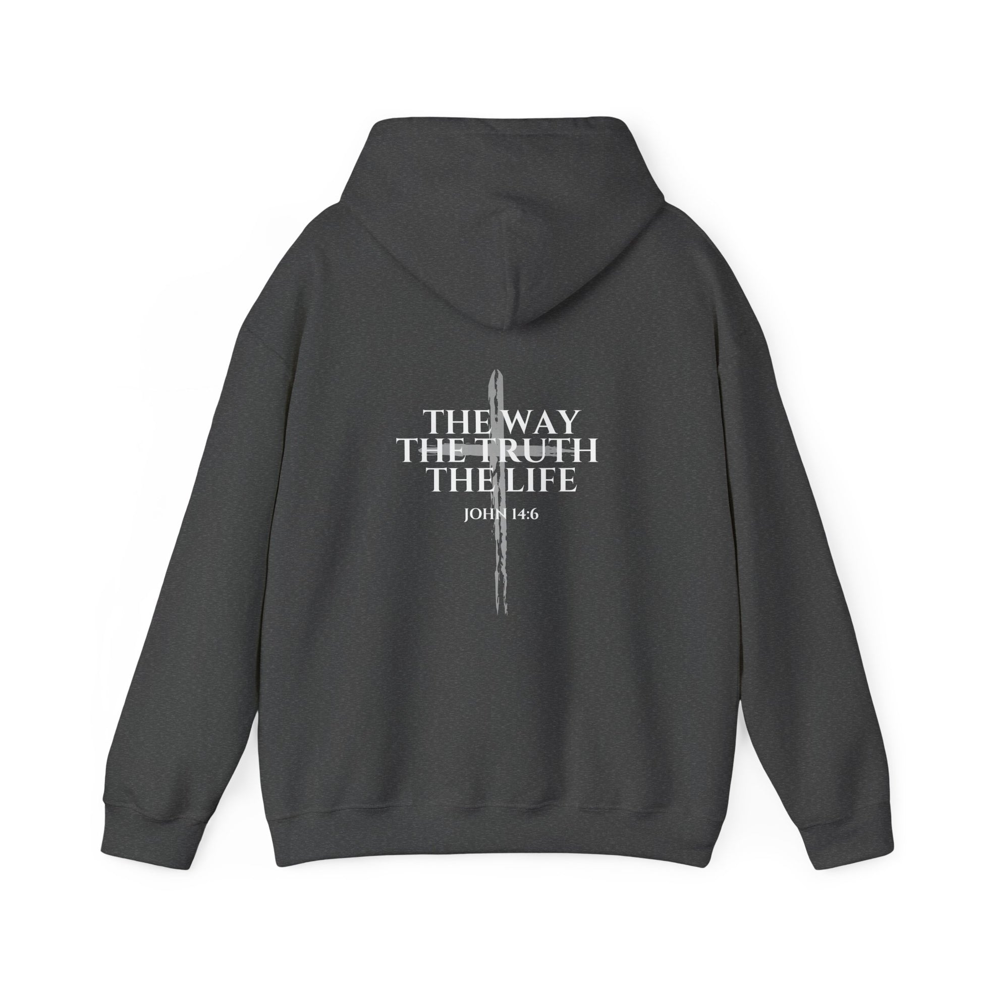 Dark Heather Christian hoodie featuring “John 14:6 – I am the way, the truth, and the life” printed design, faith-based streetwear for men and women, bold minimalist scripture hoodie from Let There Be Light Apparel.