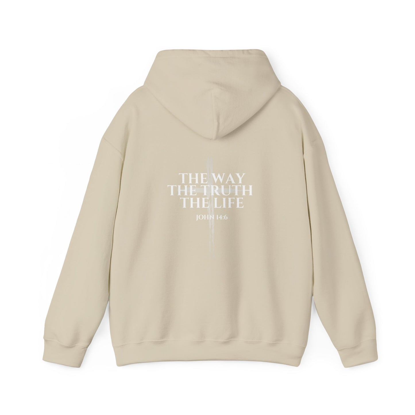 Sand Christian hoodie featuring “John 14:6 – I am the way, the truth, and the life” printed design, faith-based streetwear for men and women, bold minimalist scripture hoodie from Let There Be Light Apparel.