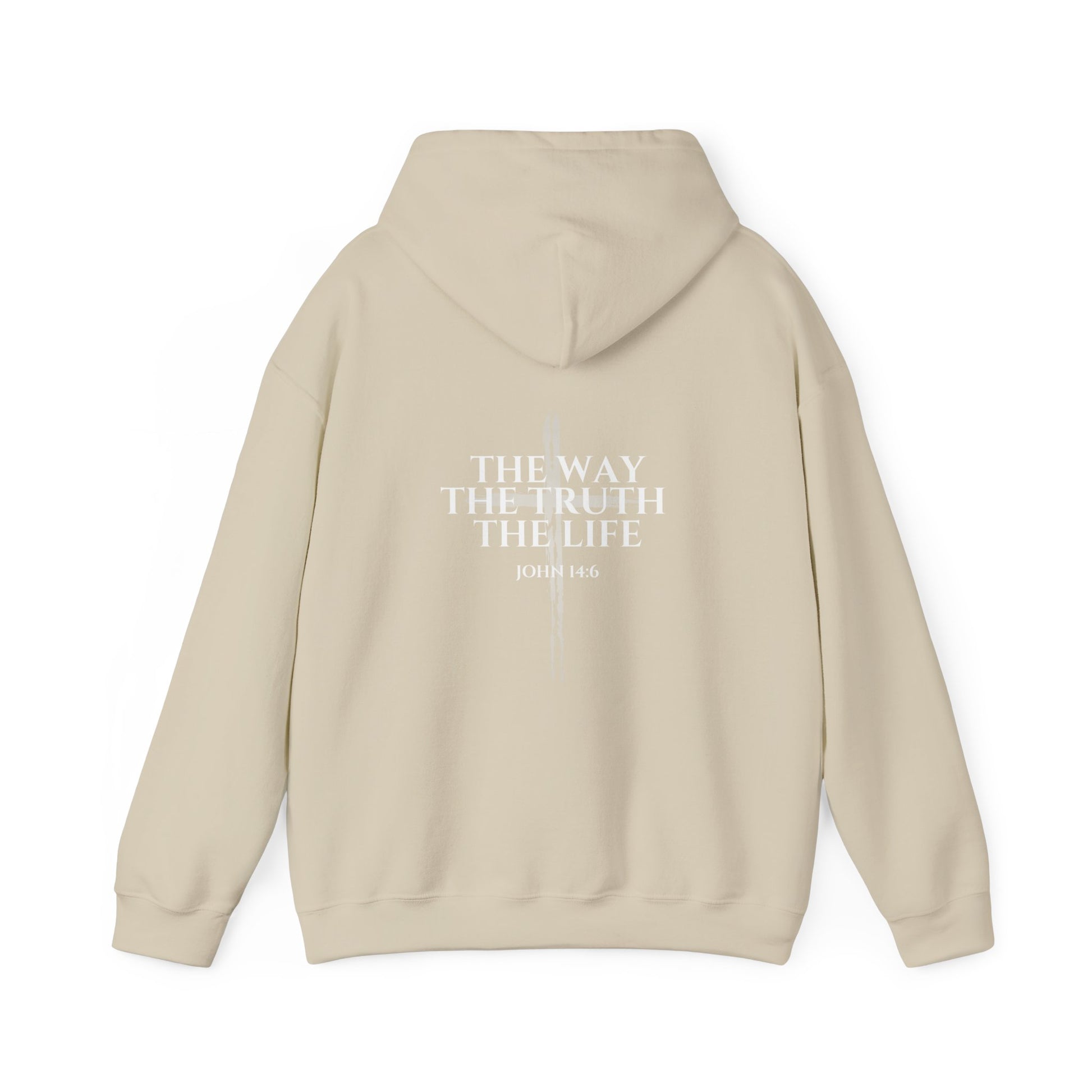 Sand Christian hoodie featuring “John 14:6 – I am the way, the truth, and the life” printed design, faith-based streetwear for men and women, bold minimalist scripture hoodie from Let There Be Light Apparel.