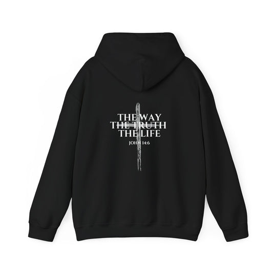 Black Christian hoodie featuring “John 14:6 – I am the way, the truth, and the life” printed design, faith-based streetwear for men and women, bold minimalist scripture hoodie from Let There Be Light Apparel.