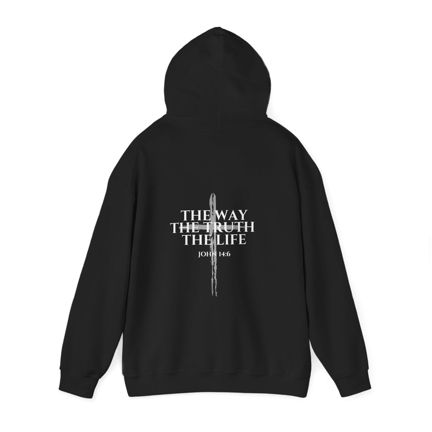 Black Christian hoodie with the hood up featuring “John 14:6 – I am the way, the truth, and the life” printed design, faith-based streetwear for men and women, bold minimalist scripture hoodie from Let There Be Light Apparel.