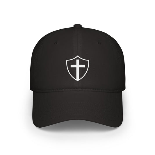 Black dad cap with embroidered “Shield of God” design, casual Christian faith hat for daily wear.