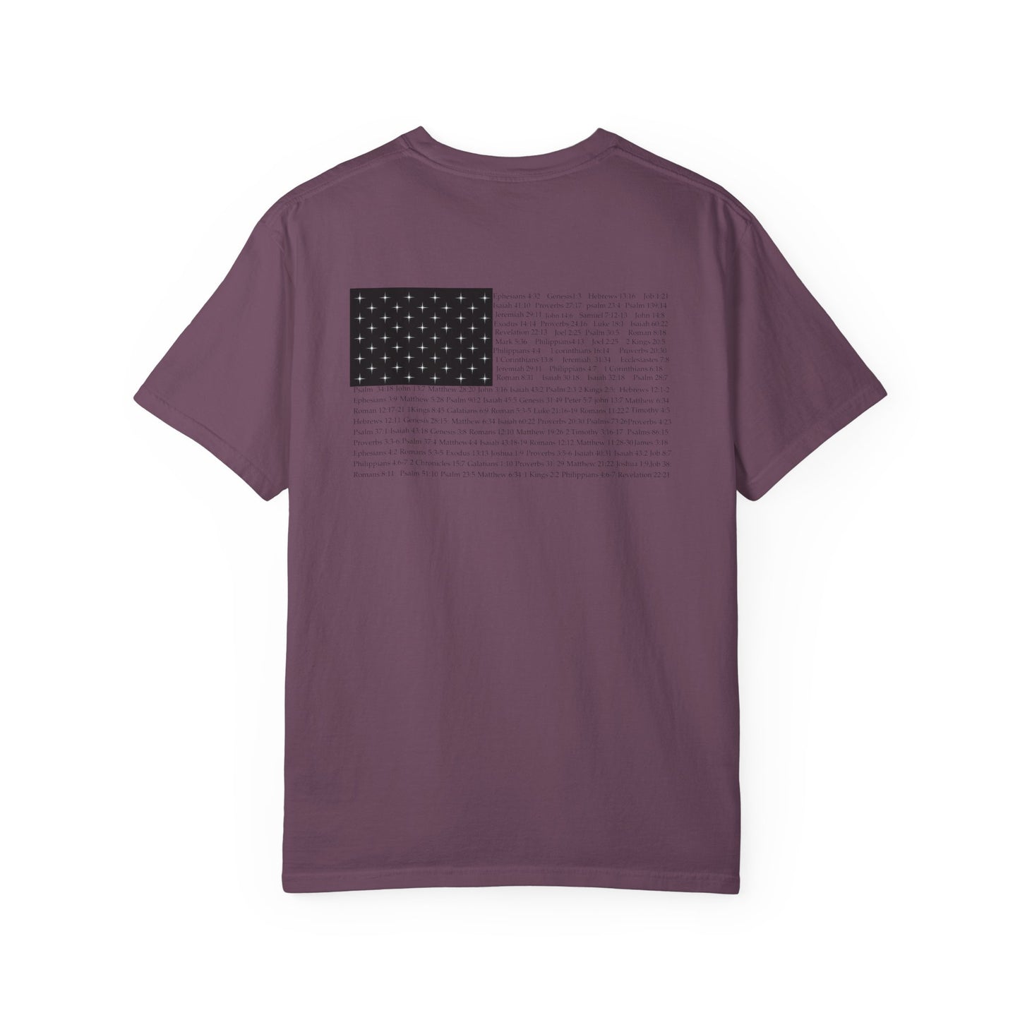 Back view of a berry Christian apparel shirt with Bible verse for encouragement — faith-based American flag tee for Greek Orthodox, Roman Catholic, or Protestant wear.