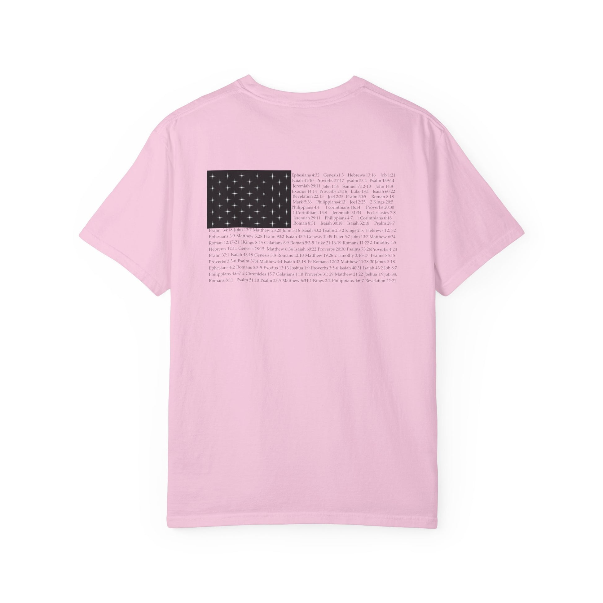 Back view of a blossom Christian apparel shirt with Bible verse for encouragement — faith-based American flag tee for Greek Orthodox, Roman Catholic, or Protestant wear.