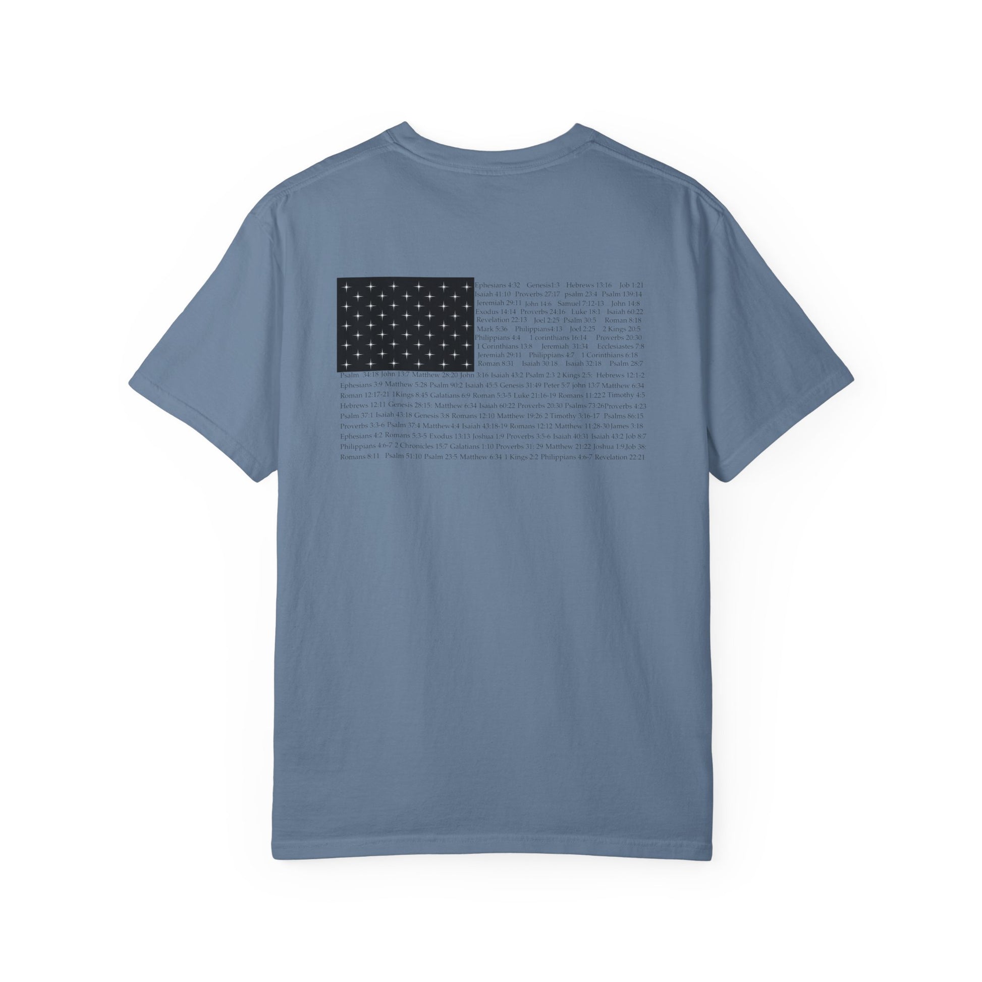 Back view of a blue jean Christian apparel shirt with Bible verse for encouragement — faith-based American flag tee for Greek Orthodox, Roman Catholic, or Protestant wear.