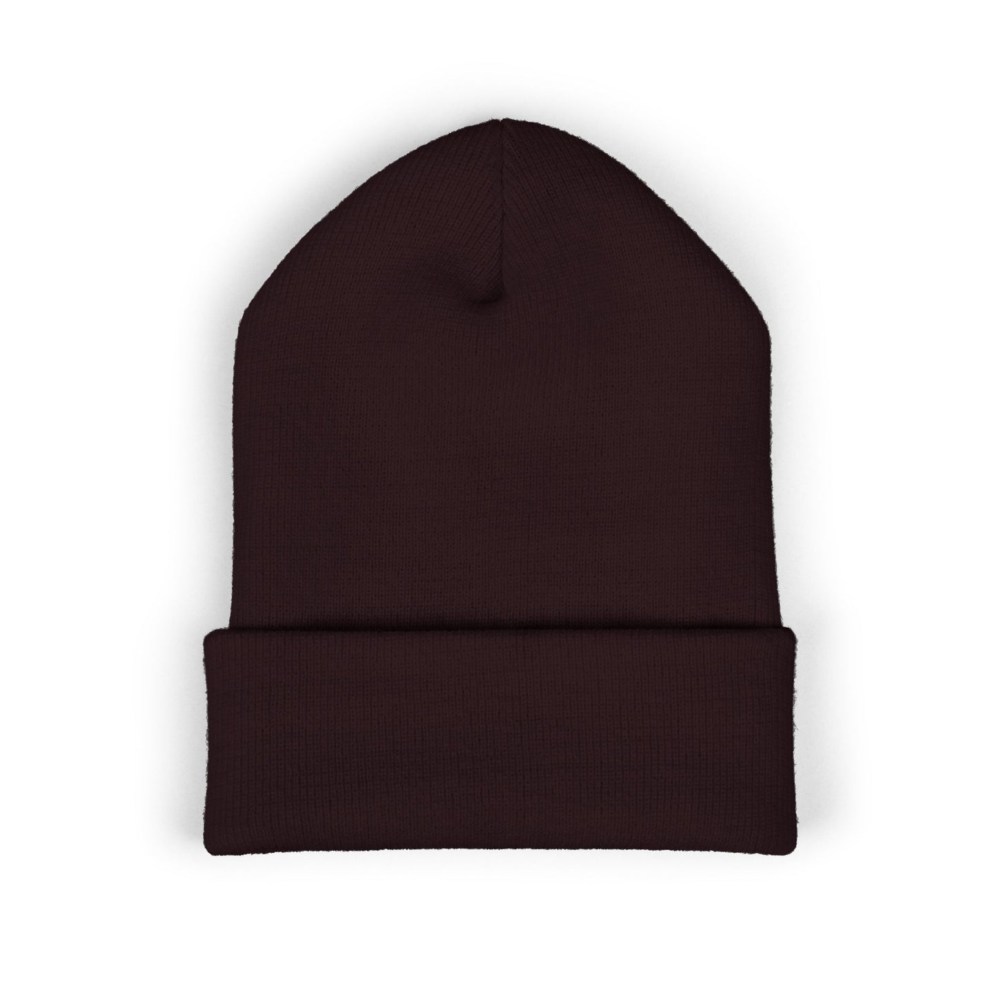 back view of a brown Christian beanie with embroidered “Saved” text inside a crown of thorns, minimalist faith-based winter hat, unisex cuffed beanie, Christian streetwear accessory, gospel-inspired apparel on white background.