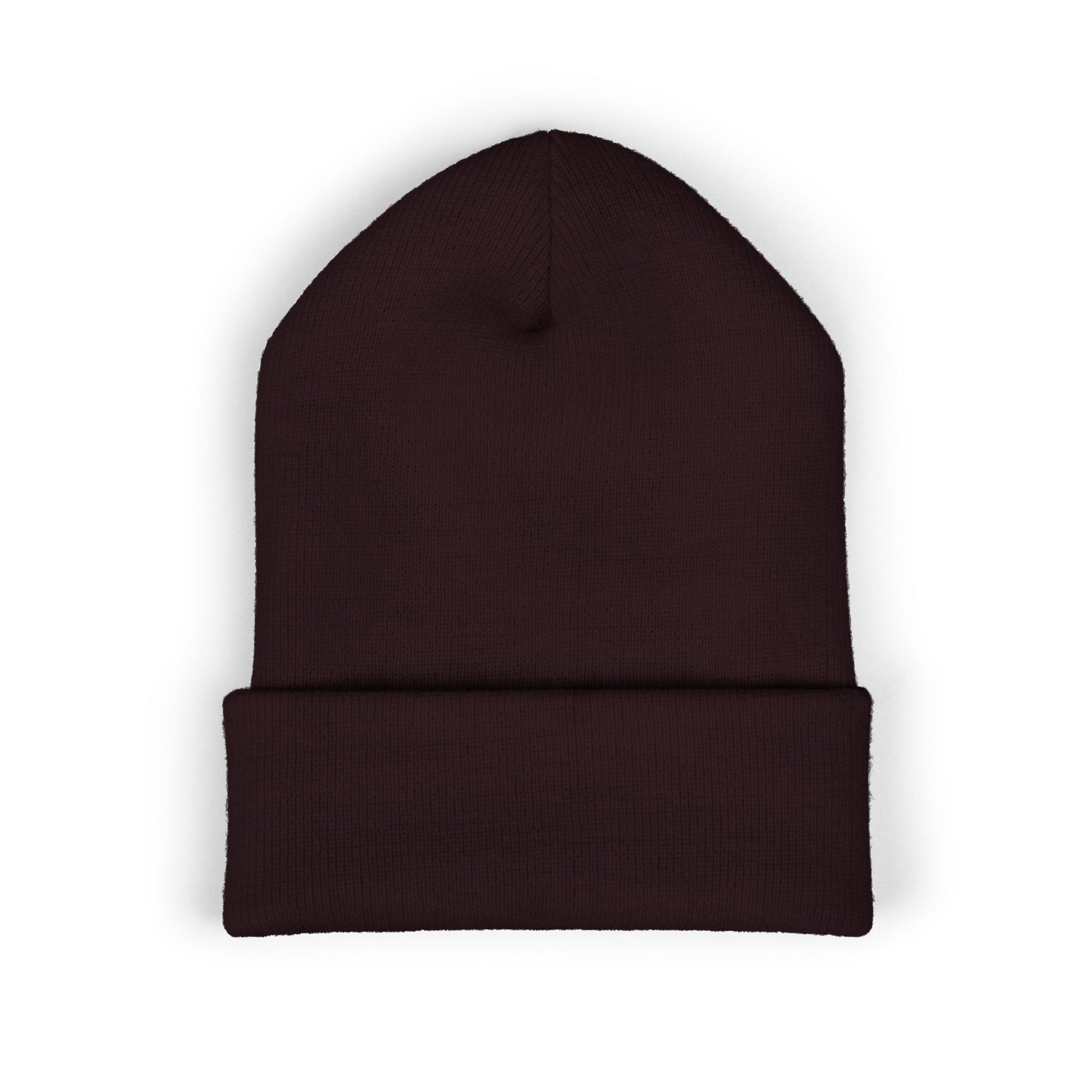 back view of a brown Christian beanie with embroidered “Saved” text inside a crown of thorns, minimalist faith-based winter hat, unisex cuffed beanie, Christian streetwear accessory, gospel-inspired apparel on white background.