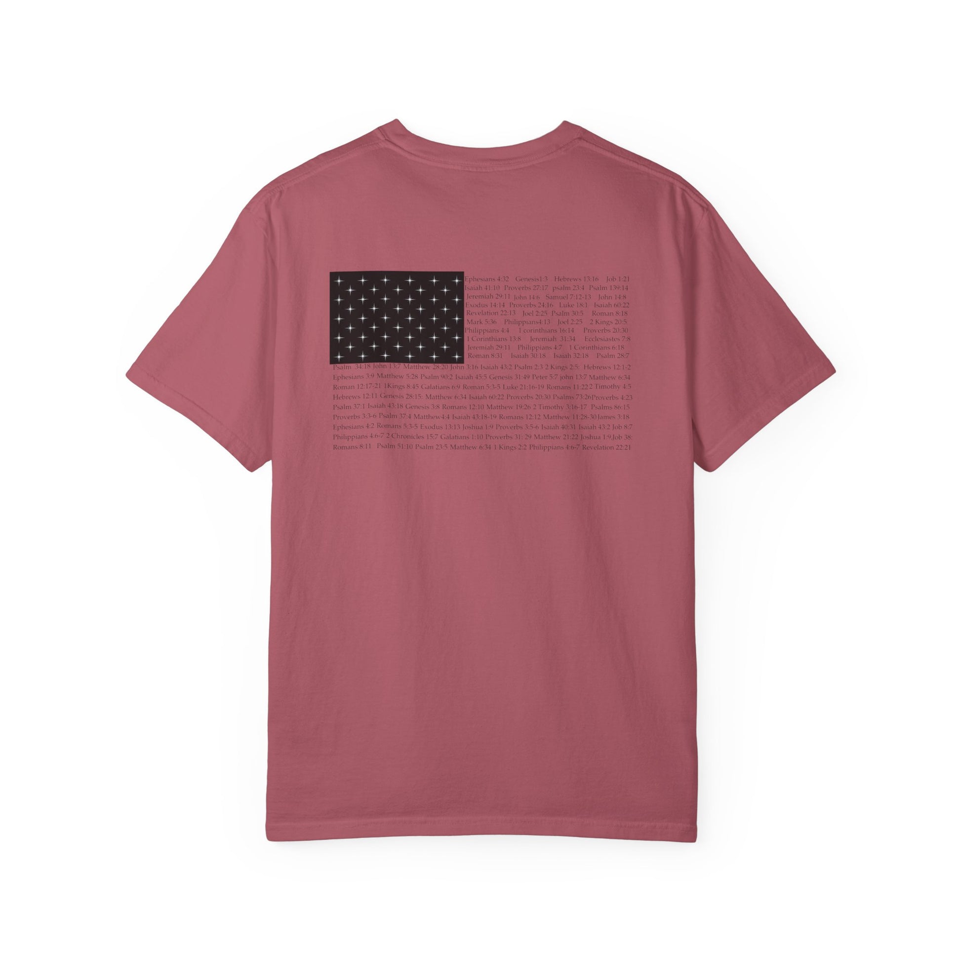 Back view of a crimson Christian apparel shirt with Bible verse for encouragement — faith-based American flag tee for Greek Orthodox, Roman Catholic, or Protestant wear.